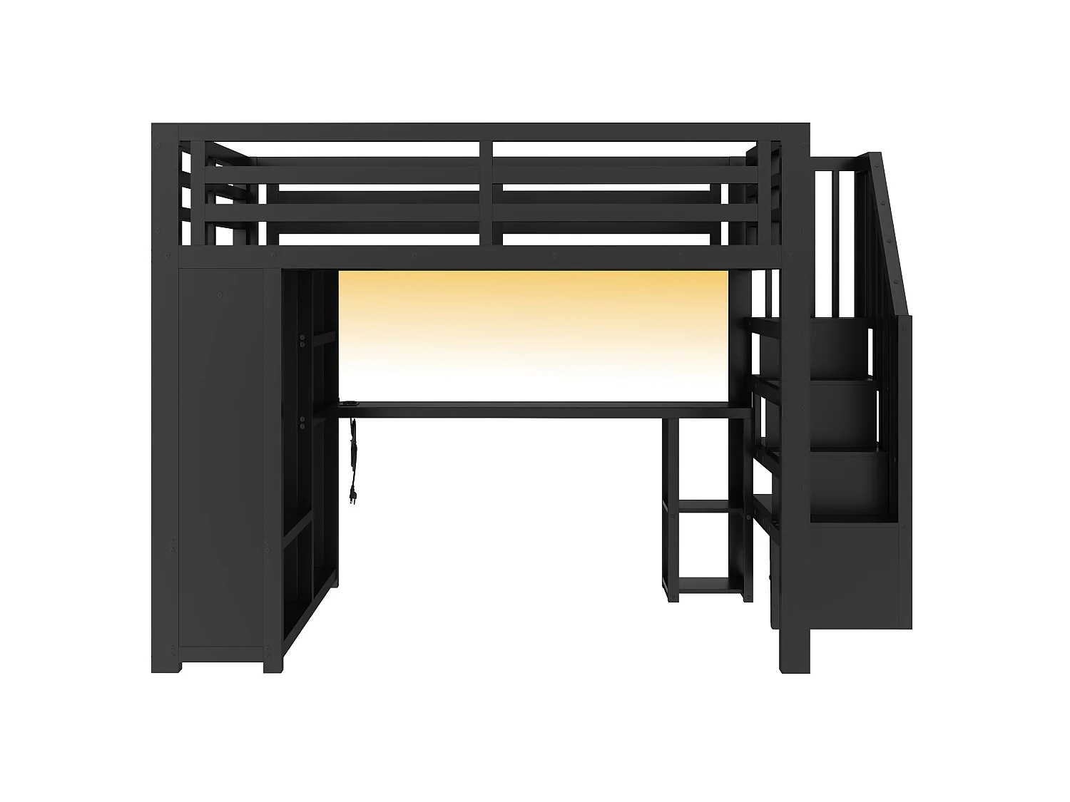 Lit mezzanine 160 x 200 cm avec bureau, penderie, LED et étagères - Métal - Noir (Sans matelas)