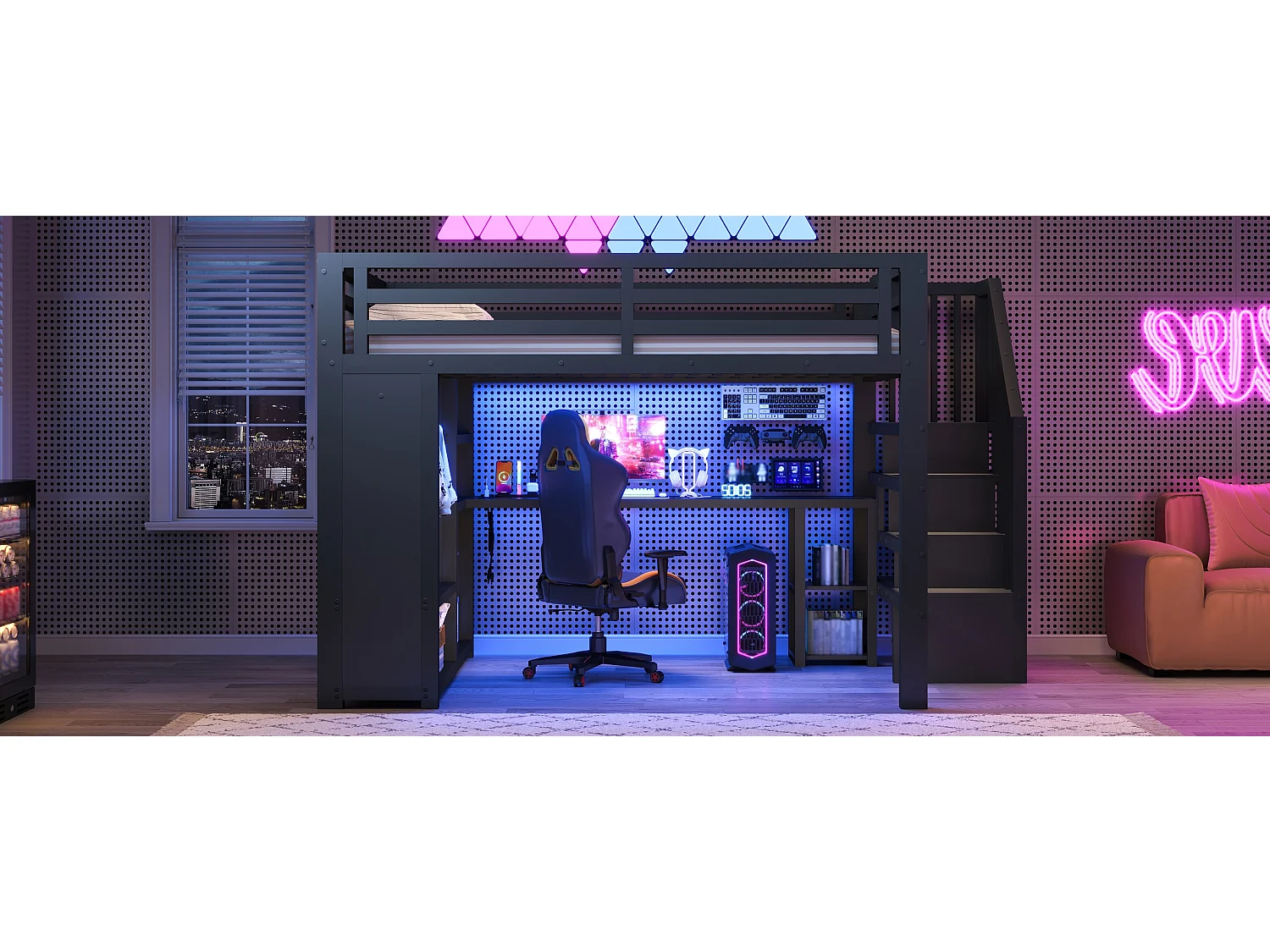Lit mezzanine 160 x 200 cm avec bureau, penderie, LED et étagères - Métal - Noir (Sans matelas)