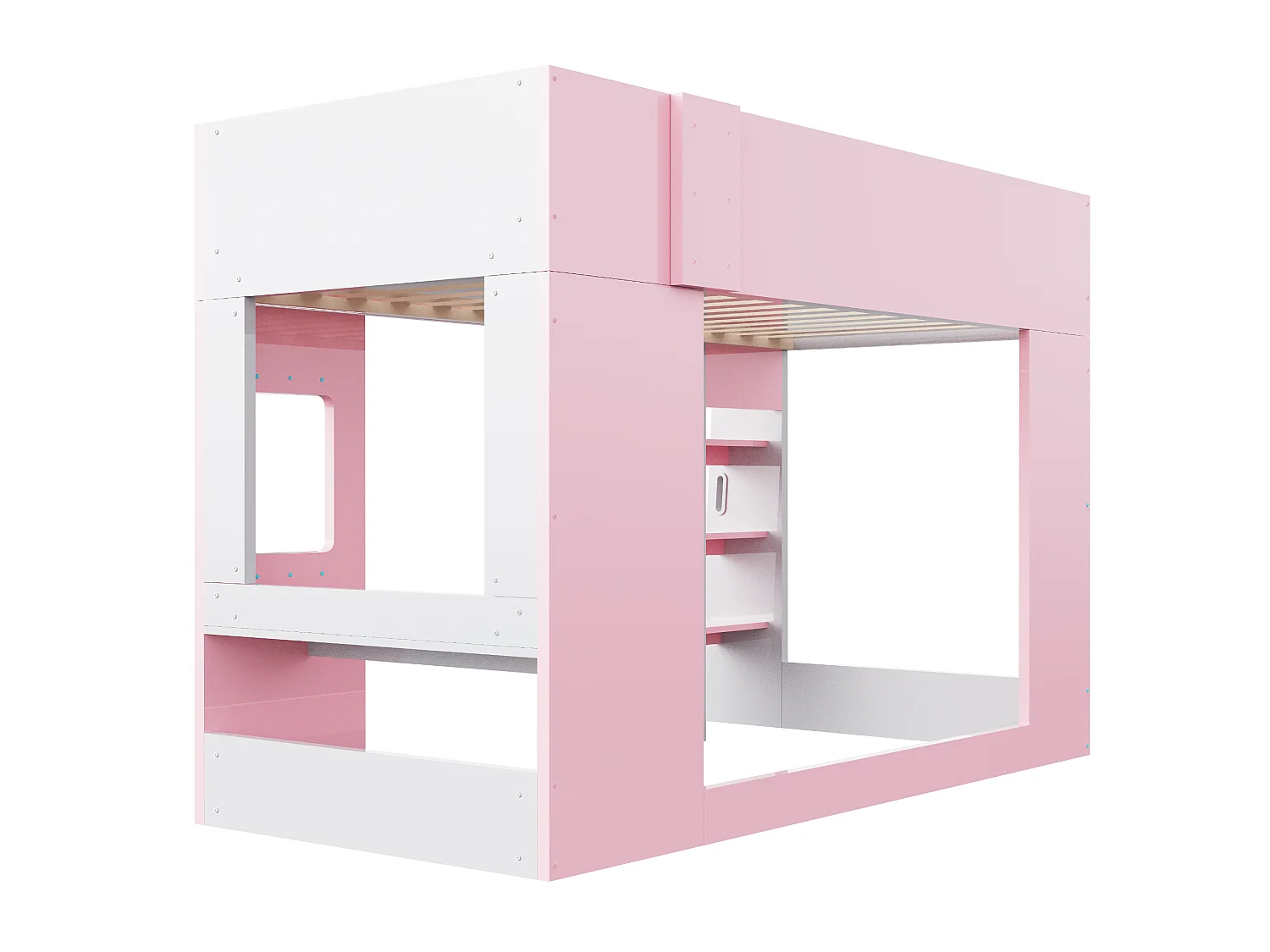 Loftsäng 90 x 200 cm med skrivbord, LED-belysning, säkerhetsräcken och stege med ledstång - MDF - Rosa (Madrass ingår ej)