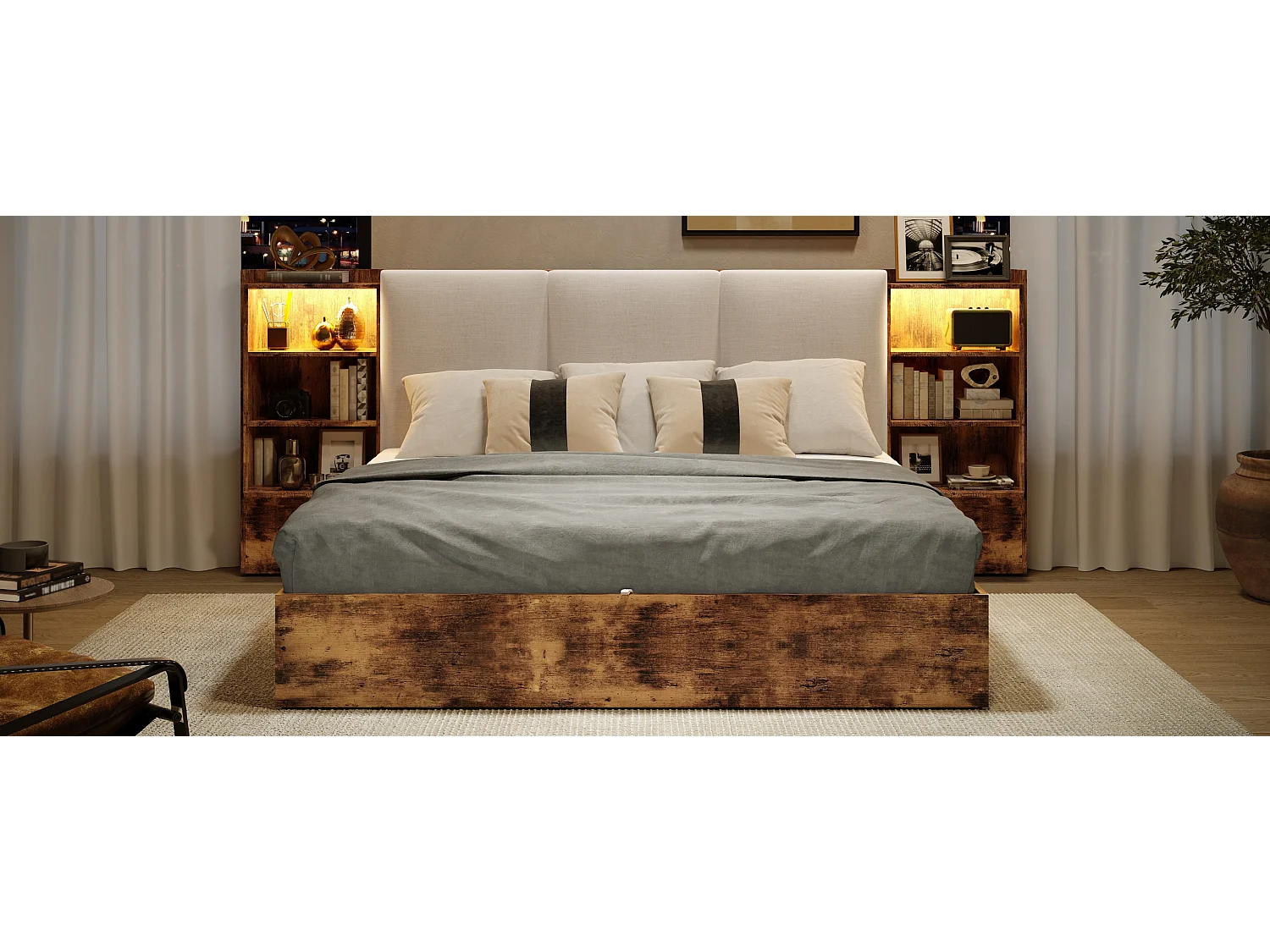 Łóżko z pojemnikiem 180 x 200 cm, 6 przegródkami i oświetleniem LED - MDF + Sklejka + Len - Brązowe (Materac nie jest wliczony w cenę)