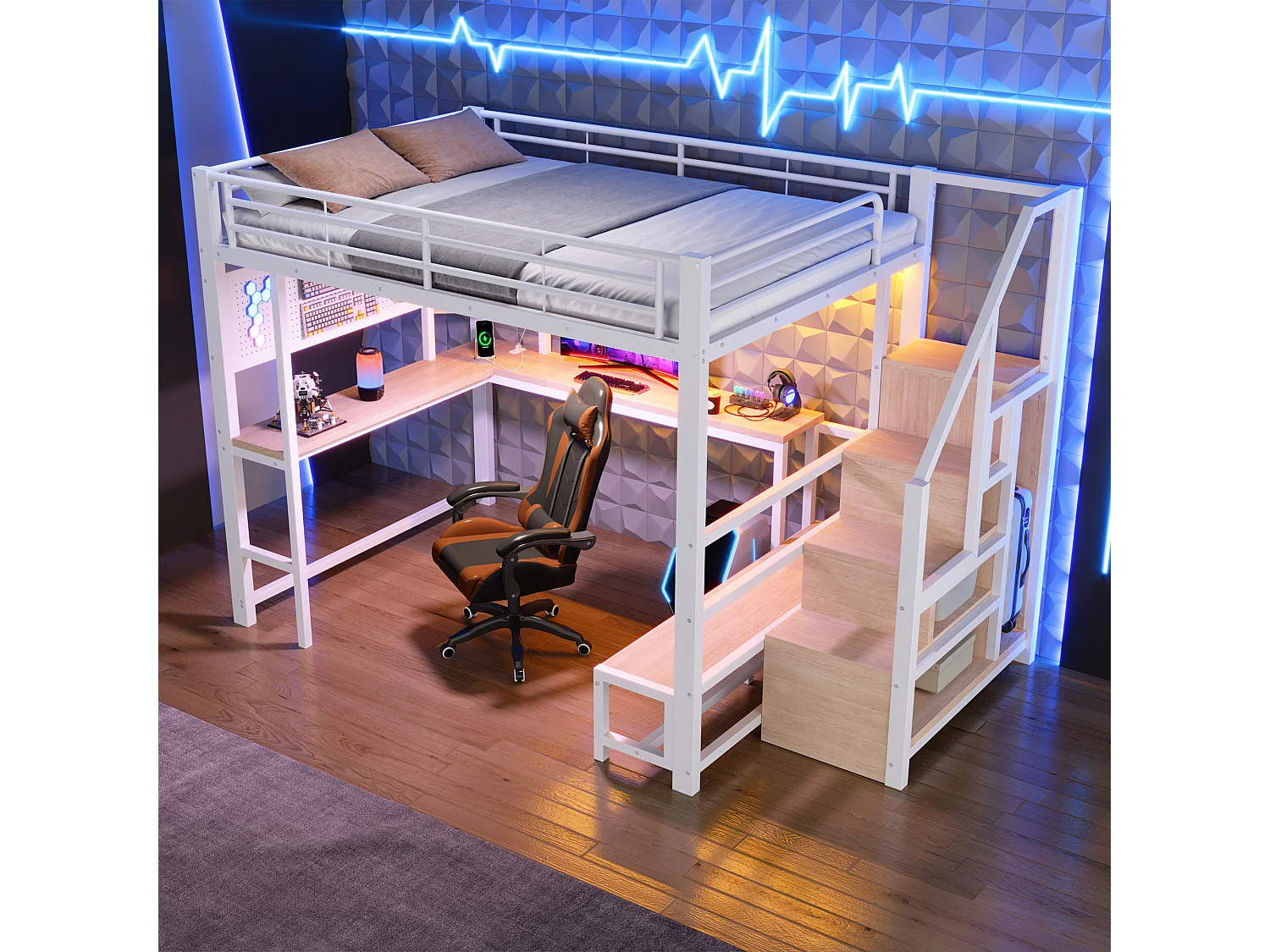 Loft bed 140 x 200 cm with desk, pegboard, shelves, LED and USB/USB-C ports - Metal + MDF - White (Mattress not included)