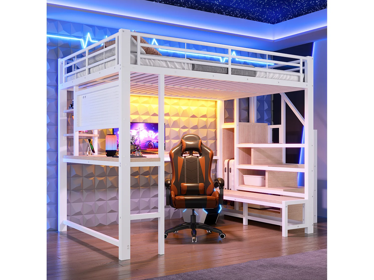 Loft bed 140 x 200 cm with desk, pegboard, shelves, LED and USB/USB-C ports - Metal + MDF - White (Mattress not included)