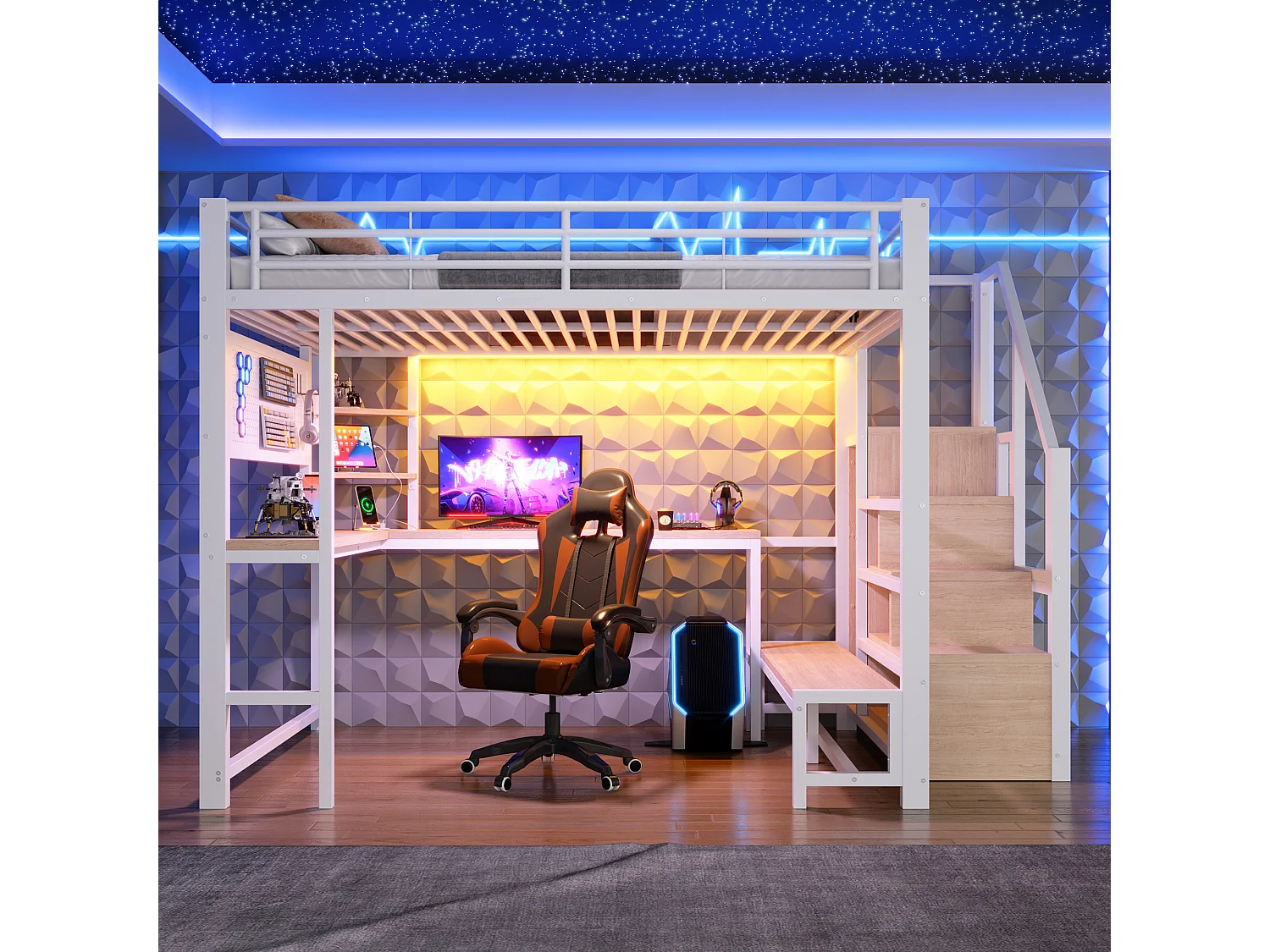 Loft bed 140 x 200 cm with desk, pegboard, shelves, LED and USB/USB-C ports - Metal + MDF - White (Mattress not included)