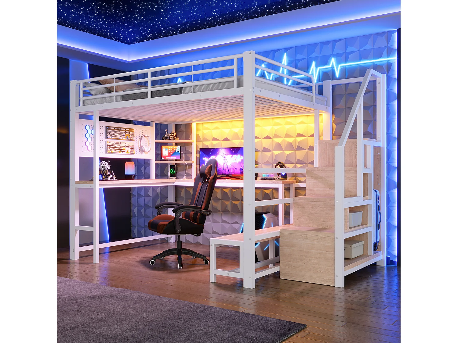 Loft bed 140 x 200 cm with desk, pegboard, shelves, LED and USB/USB-C ports - Metal + MDF - White (Mattress not included)