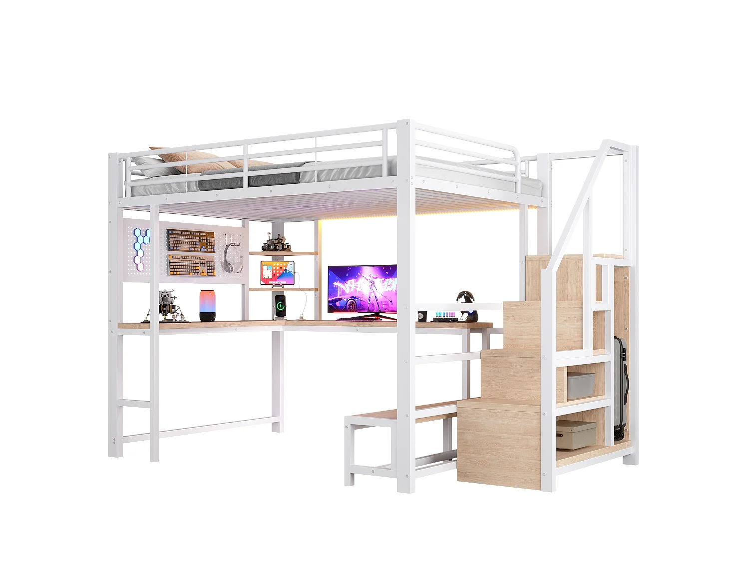 Loft bed 140 x 200 cm with desk, pegboard, shelves, LED and USB/USB-C ports - Metal + MDF - White (Mattress not included)