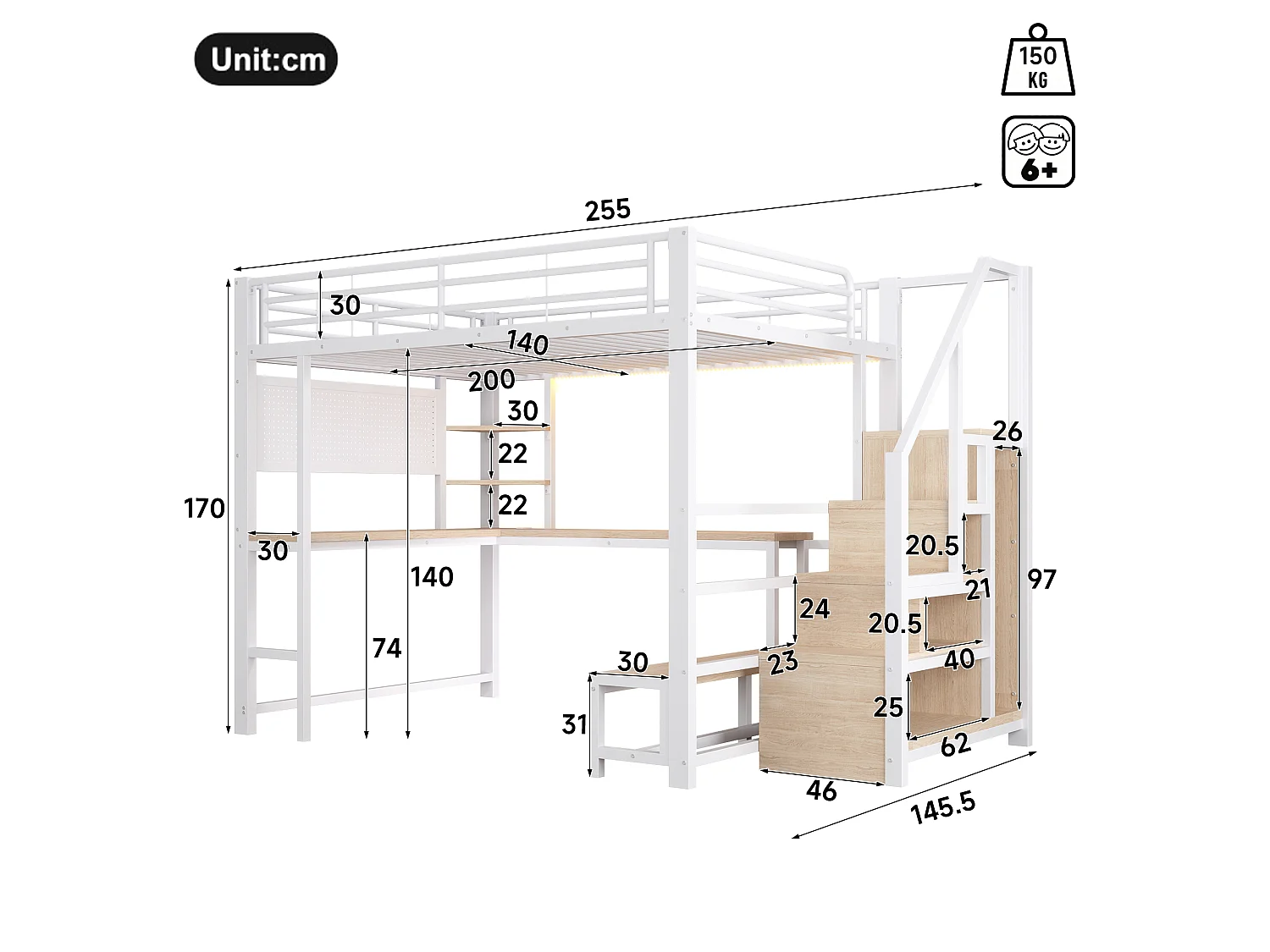 Loft bed 140 x 200 cm with desk, pegboard, shelves, LED and USB/USB-C ports - Metal + MDF - White (Mattress not included)