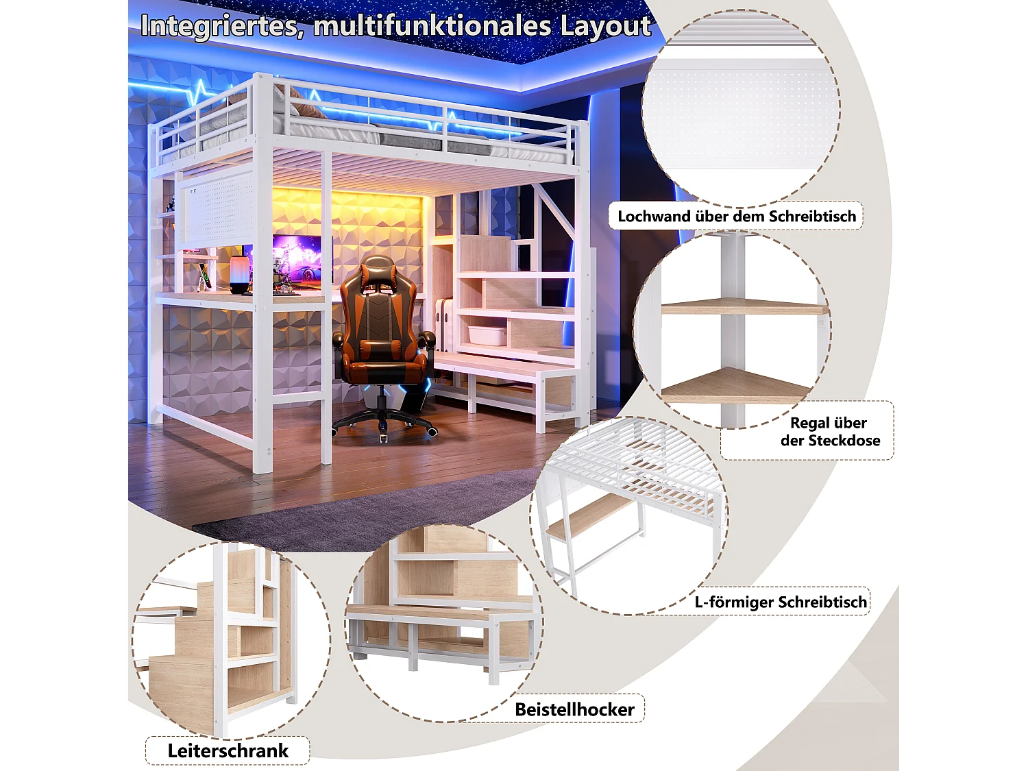 Loft bed 140 x 200 cm with desk, pegboard, shelves, LED and USB/USB-C ports - Metal + MDF - White (Mattress not included)