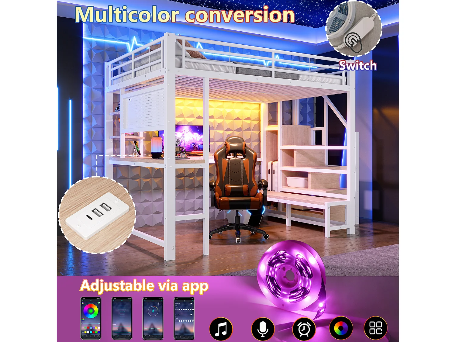 Loft bed 140 x 200 cm with desk, pegboard, shelves, LED and USB/USB-C ports - Metal + MDF - White (Mattress not included)