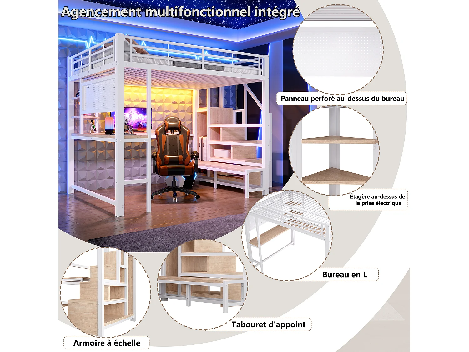 Loft bed 140 x 200 cm with desk, pegboard, shelves, LED and USB/USB-C ports - Metal + MDF - White (Mattress not included)