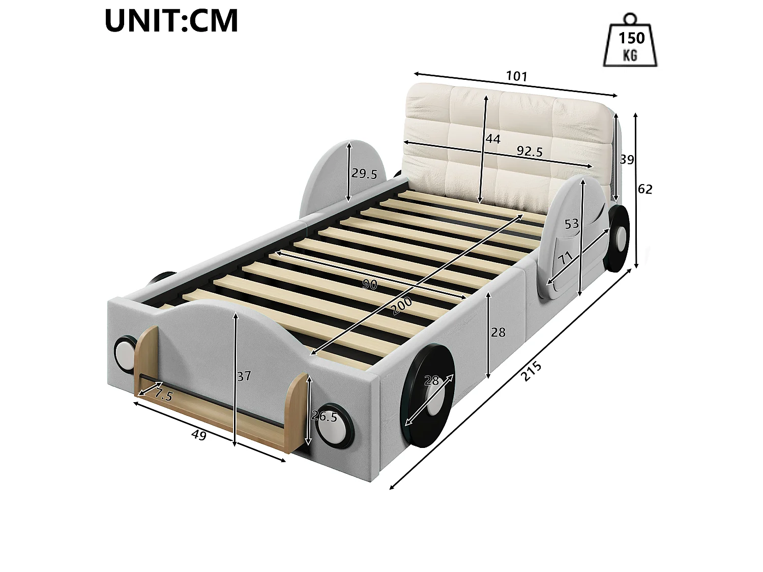 90 x 200 cm Stauraumbett mit hydraulischer Staufunktion, Seitentaschen, Ablage - MDF + Flanell - Grau (Matratze nicht im Lieferumfang enthalten)
