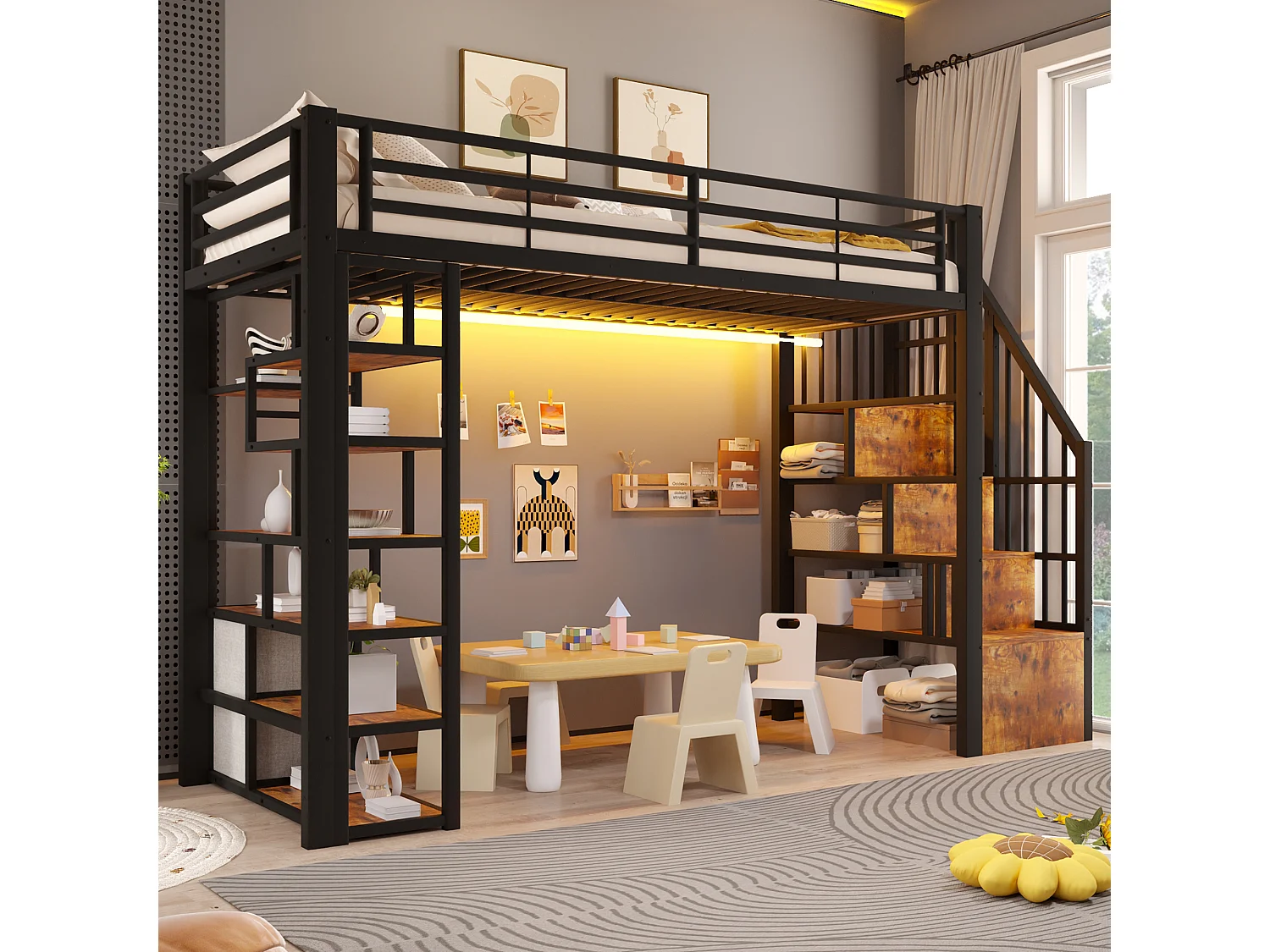 Hochbett 90 x 200 cm mit Stauraumtreppe, 2 Stoffschubladen und Regalen – Metall und MDF – LED – Schwarz (Matratze nicht im Lieferumfang enthalten)