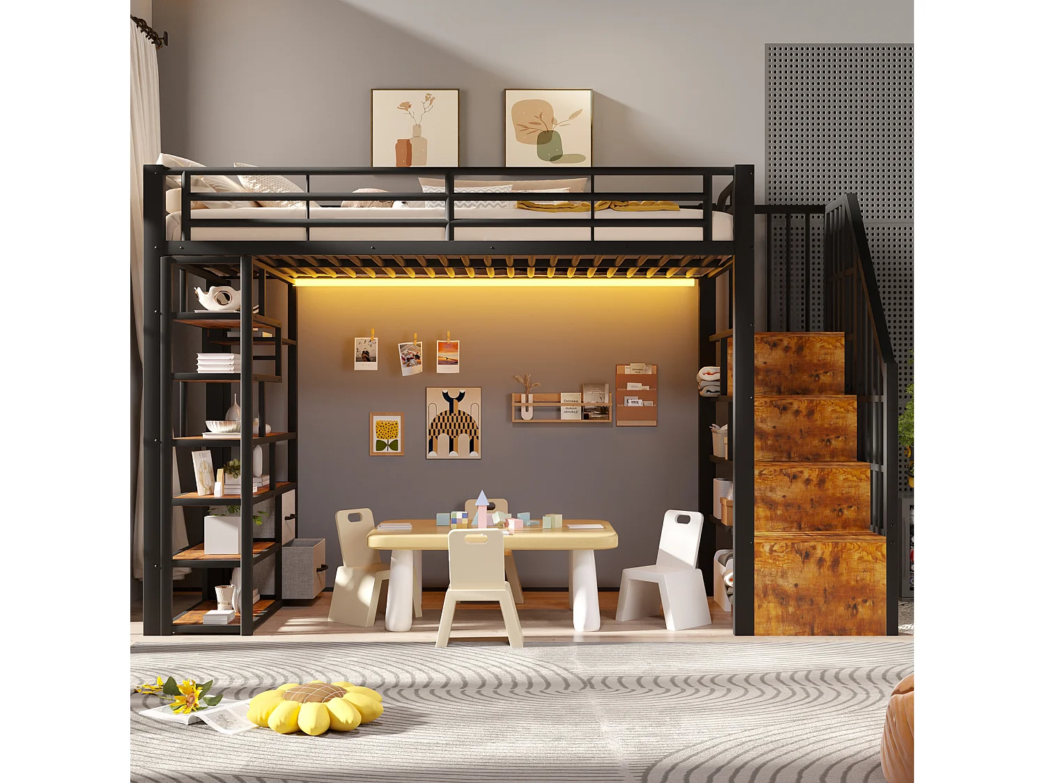Hochbett 90 x 200 cm mit Stauraumtreppe, 2 Stoffschubladen und Regalen – Metall und MDF – LED – Schwarz (Matratze nicht im Lieferumfang enthalten)