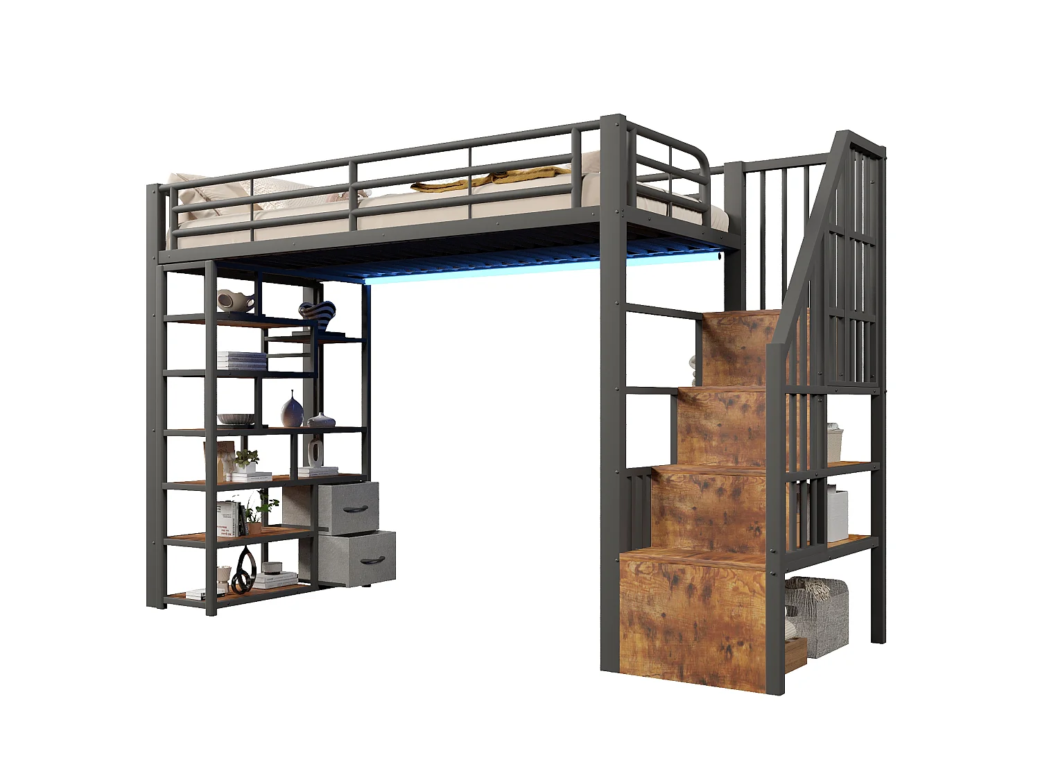 Hochbett 90 x 200 cm mit Stauraumtreppe, 2 Stoffschubladen und Regalen – Metall und MDF – LED – Schwarz (Matratze nicht im Lieferumfang enthalten)