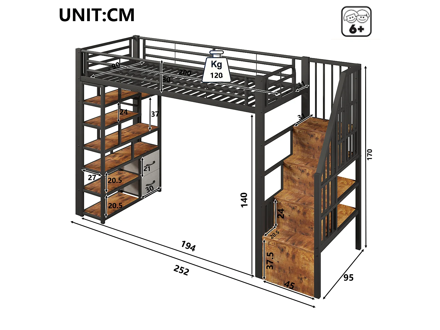 Hochbett 90 x 200 cm mit Stauraumtreppe, 2 Stoffschubladen und Regalen – Metall und MDF – LED – Schwarz (Matratze nicht im Lieferumfang enthalten)