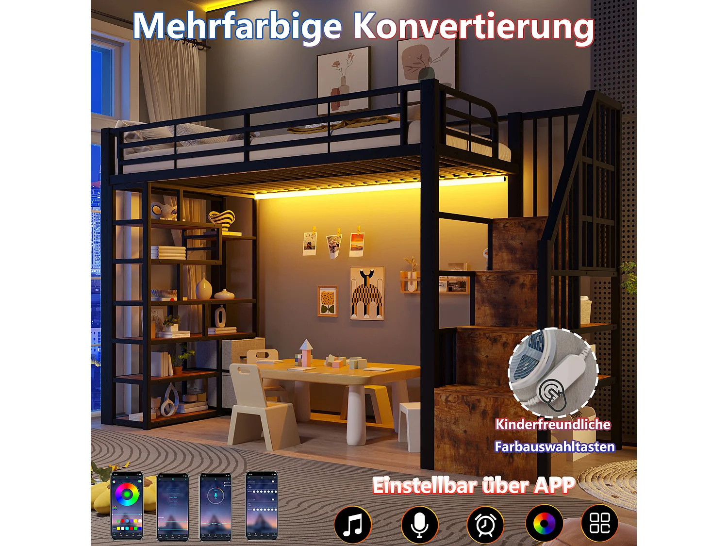 Hochbett 90 x 200 cm mit Stauraumtreppe, 2 Stoffschubladen und Regalen – Metall und MDF – LED – Schwarz (Matratze nicht im Lieferumfang enthalten)