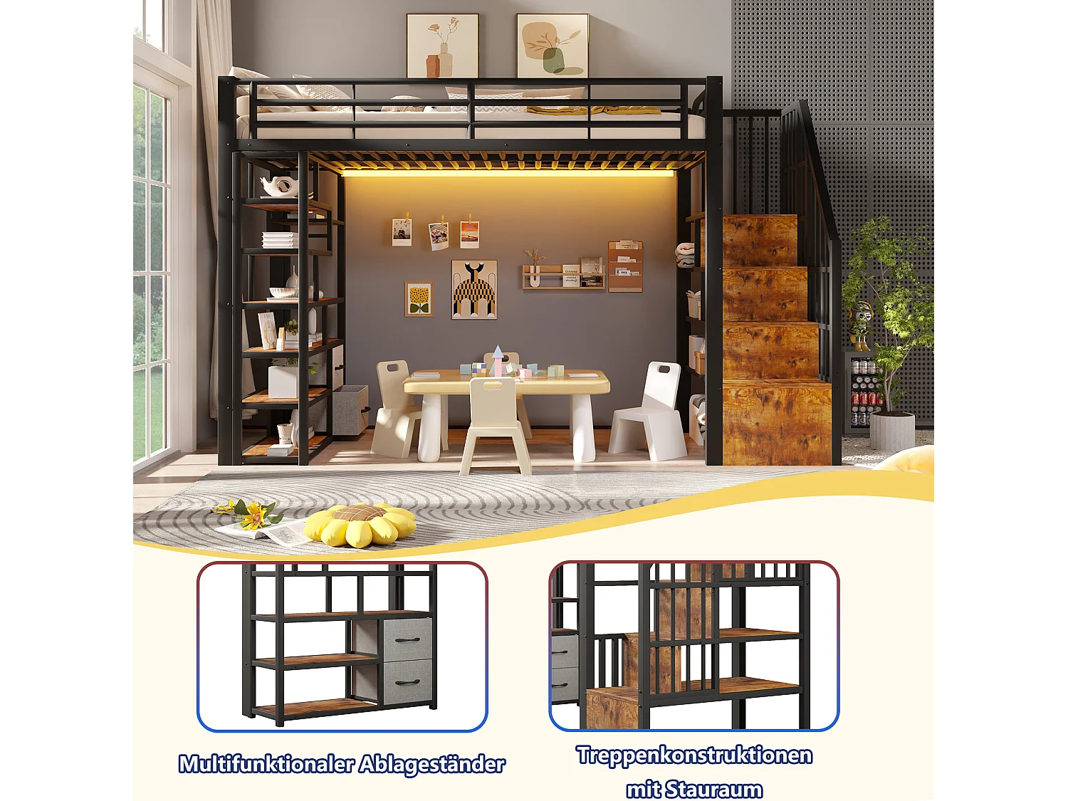 Hochbett 90 x 200 cm mit Stauraumtreppe, 2 Stoffschubladen und Regalen – Metall und MDF – LED – Schwarz (Matratze nicht im Lieferumfang enthalten)