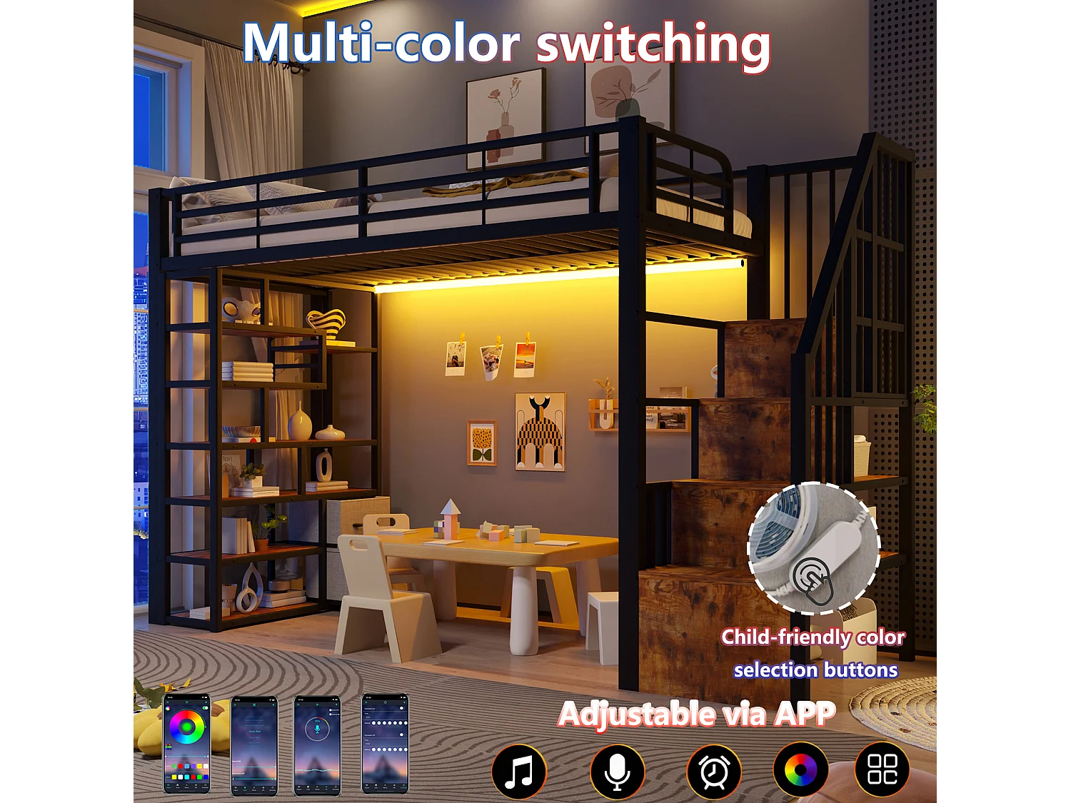 Hochbett 90 x 200 cm mit Stauraumtreppe, 2 Stoffschubladen und Regalen – Metall und MDF – LED – Schwarz (Matratze nicht im Lieferumfang enthalten)