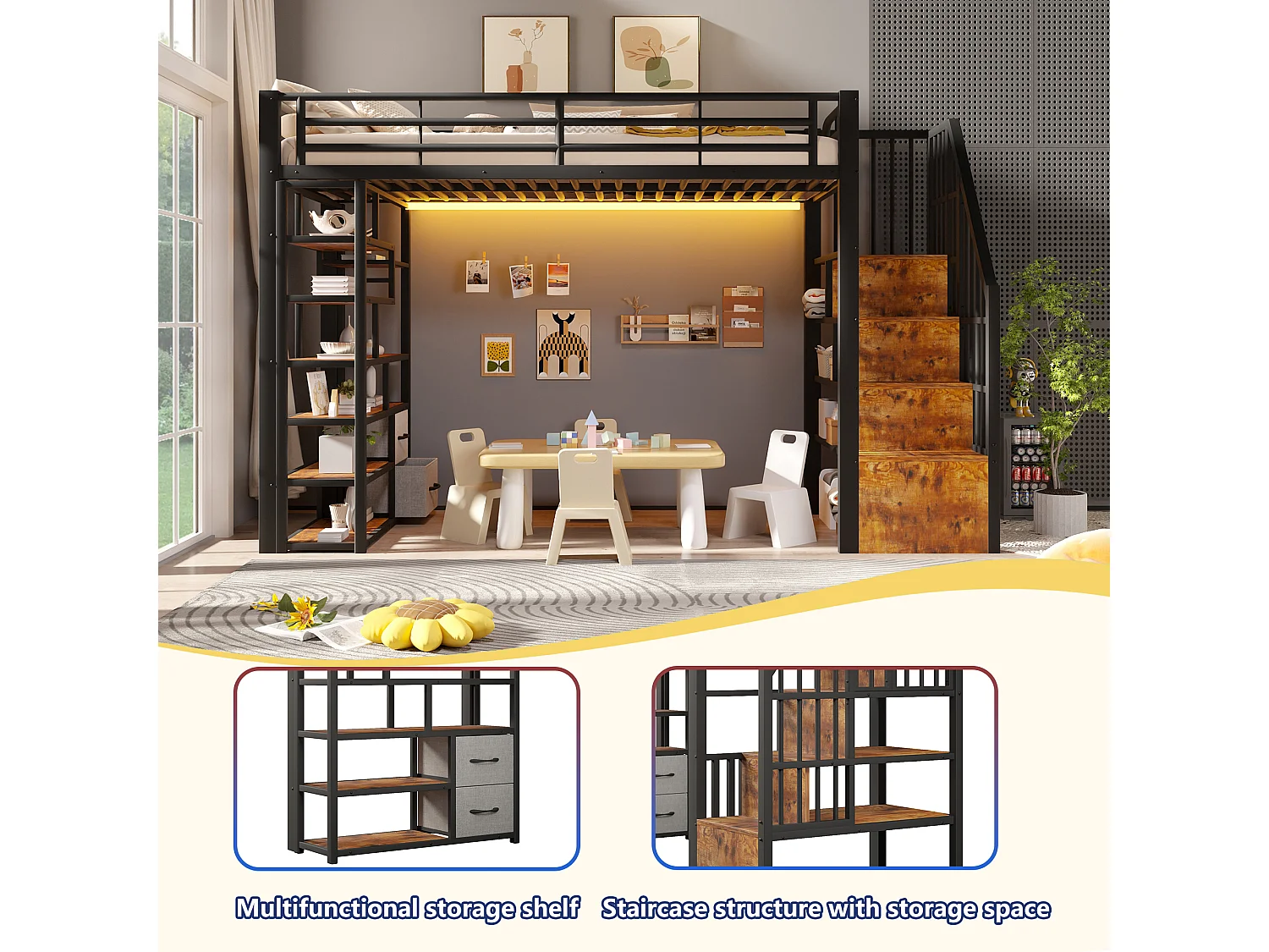 Hochbett 90 x 200 cm mit Stauraumtreppe, 2 Stoffschubladen und Regalen – Metall und MDF – LED – Schwarz (Matratze nicht im Lieferumfang enthalten)