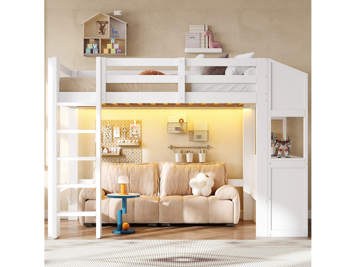 Loft bed 90 x 200 cm with 6 drawers and LED lighting - Pine + MDF - White (Mattress not included)