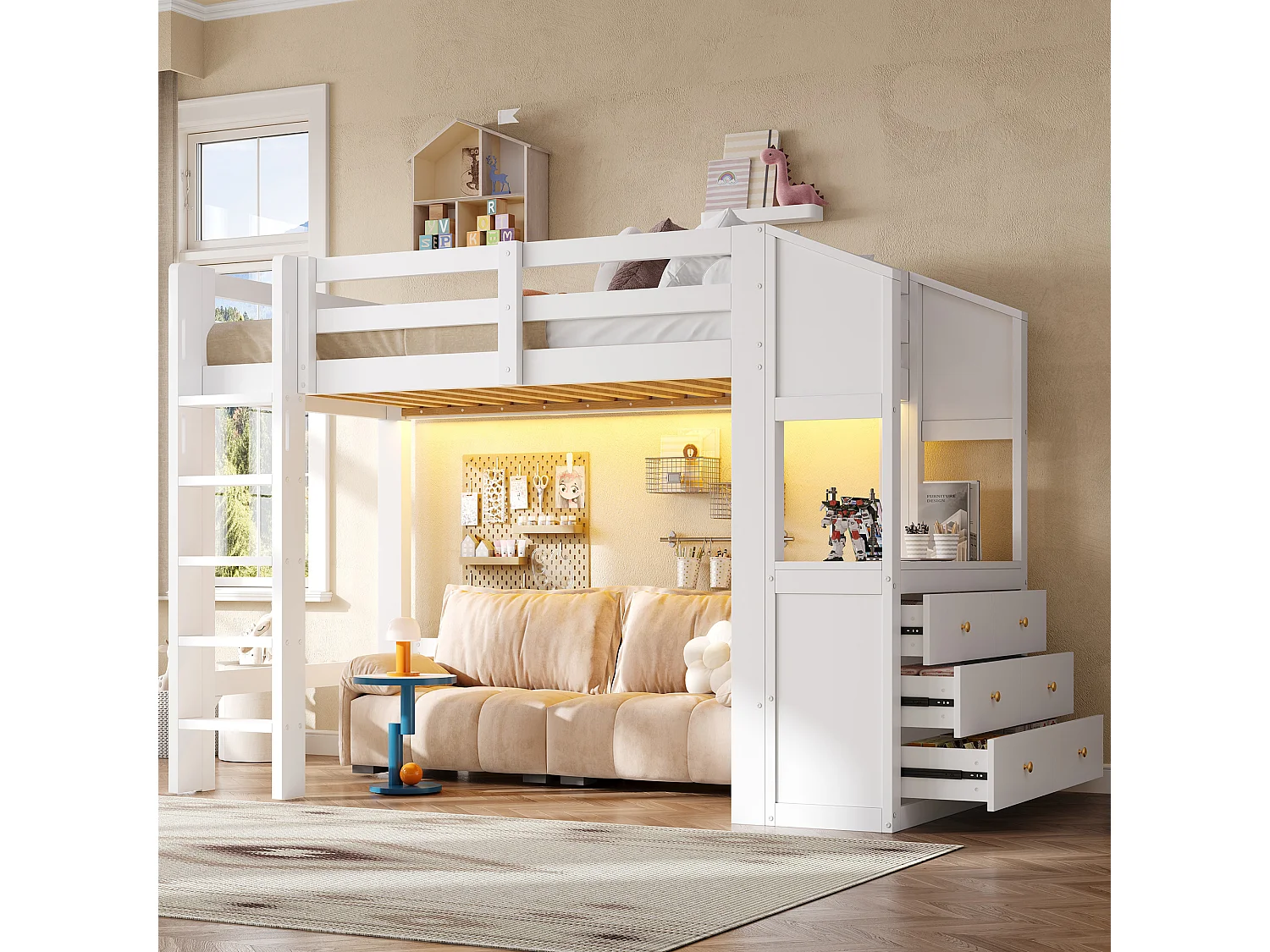 Loft bed 90 x 200 cm with 6 drawers and LED lighting - Pine + MDF - White (Mattress not included)