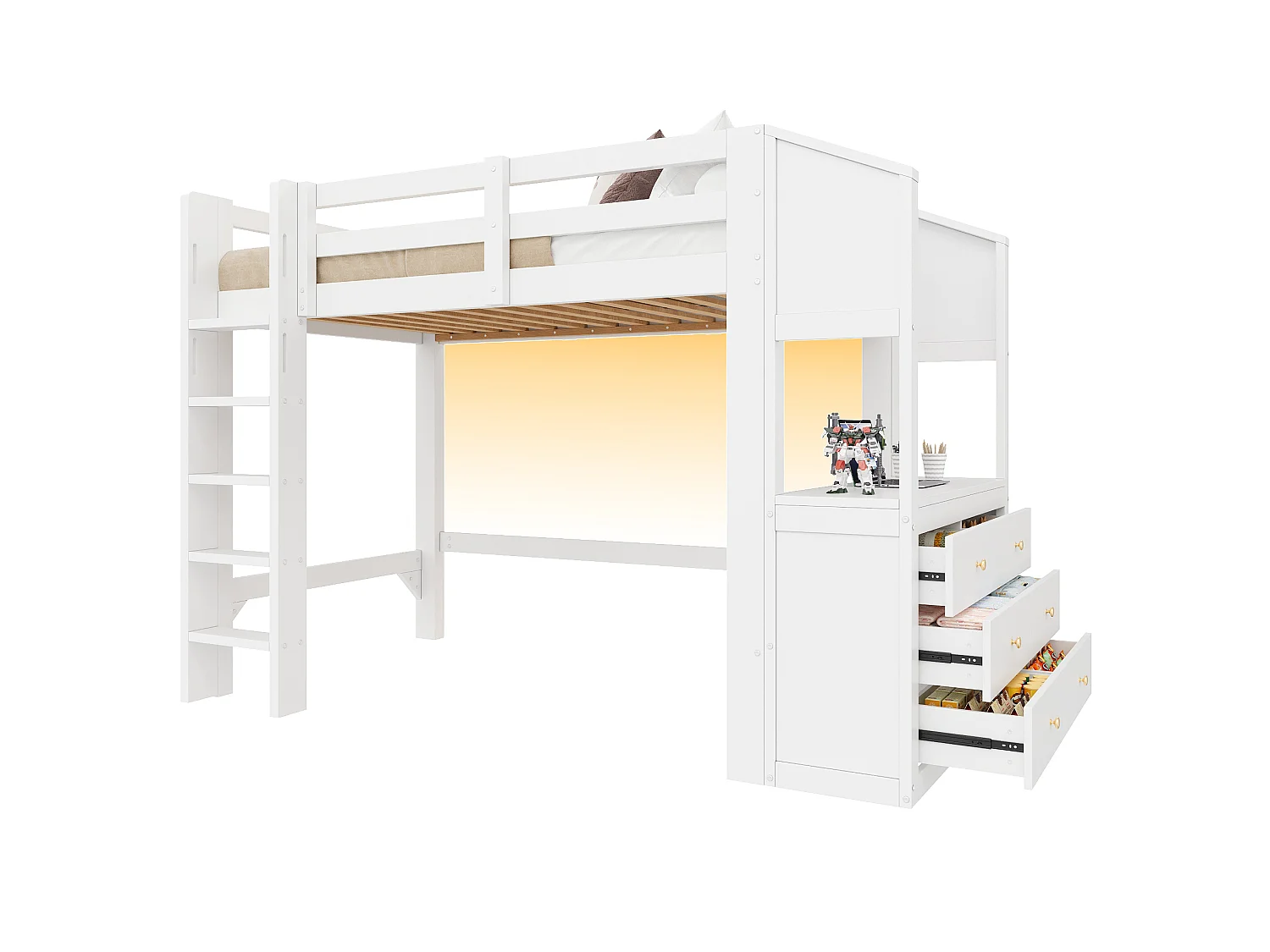 Loft bed 90 x 200 cm with 6 drawers and LED lighting - Pine + MDF - White (Mattress not included)
