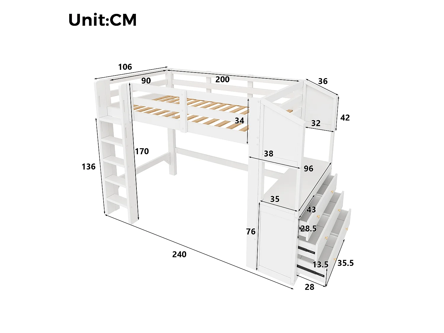 Loft bed 90 x 200 cm with 6 drawers and LED lighting - Pine + MDF - White (Mattress not included)