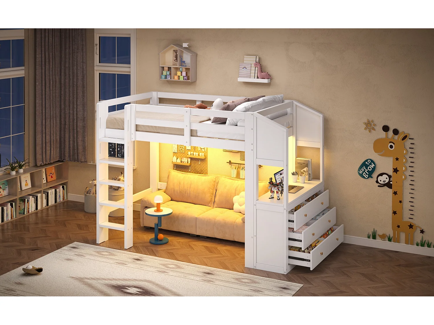 Loft bed 90 x 200 cm with 6 drawers and LED lighting - Pine + MDF - White (Mattress not included)