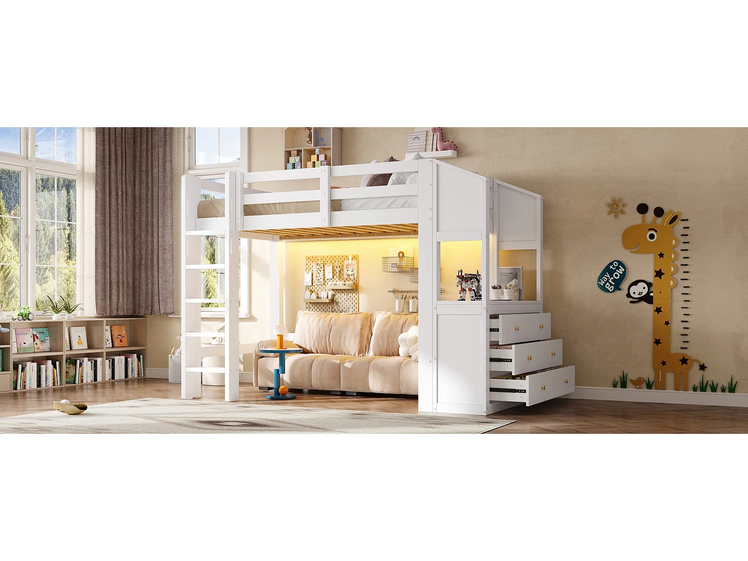 Loft bed 90 x 200 cm with 6 drawers and LED lighting - Pine + MDF - White (Mattress not included)