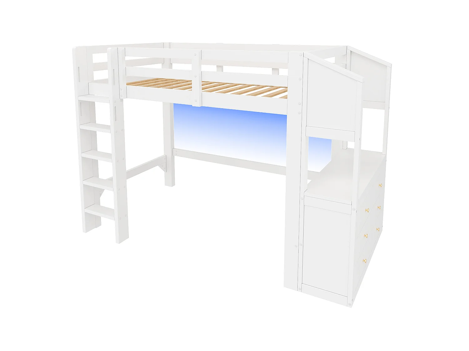 Loft bed 90 x 200 cm with 6 drawers and LED lighting - Pine + MDF - White (Mattress not included)