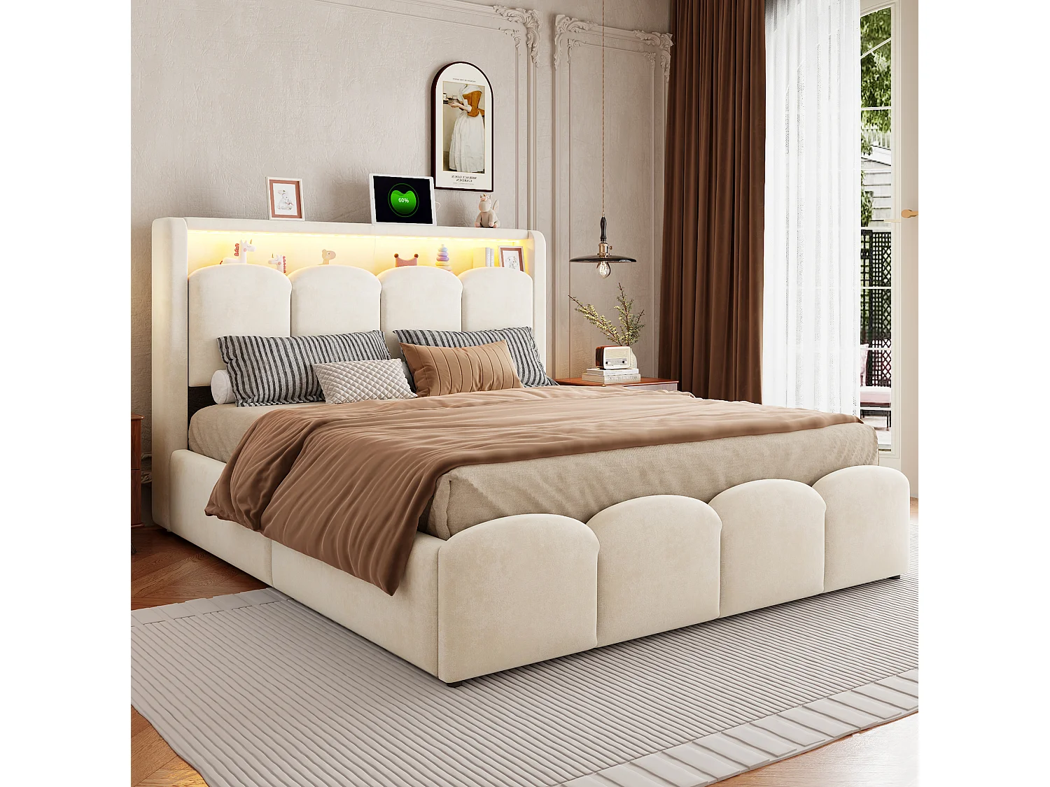 140 x 200 cm Bett mit Stauraum, Kopfteil, USB- und Typ-C-Anschlüssen sowie LED-Beleuchtung - Samt - Beige (Matratze nicht im Lieferumfang enthalten)