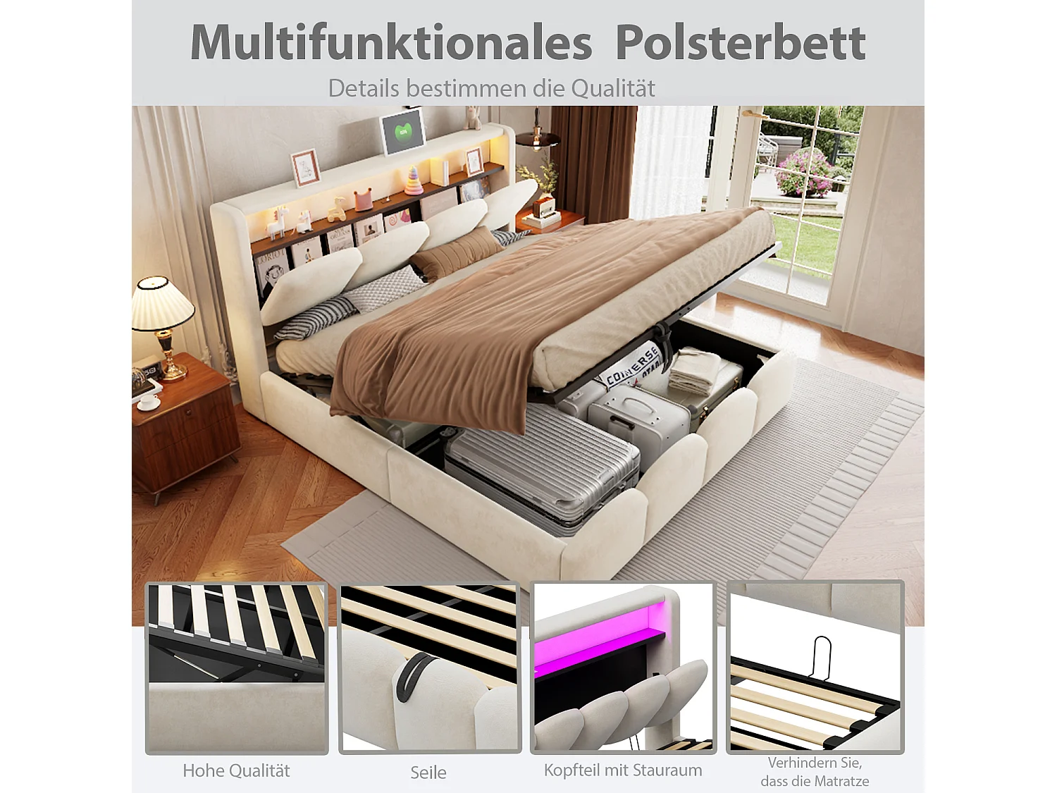 140 x 200 cm Bett mit Stauraum, Kopfteil, USB- und Typ-C-Anschlüssen sowie LED-Beleuchtung - Samt - Beige (Matratze nicht im Lieferumfang enthalten)