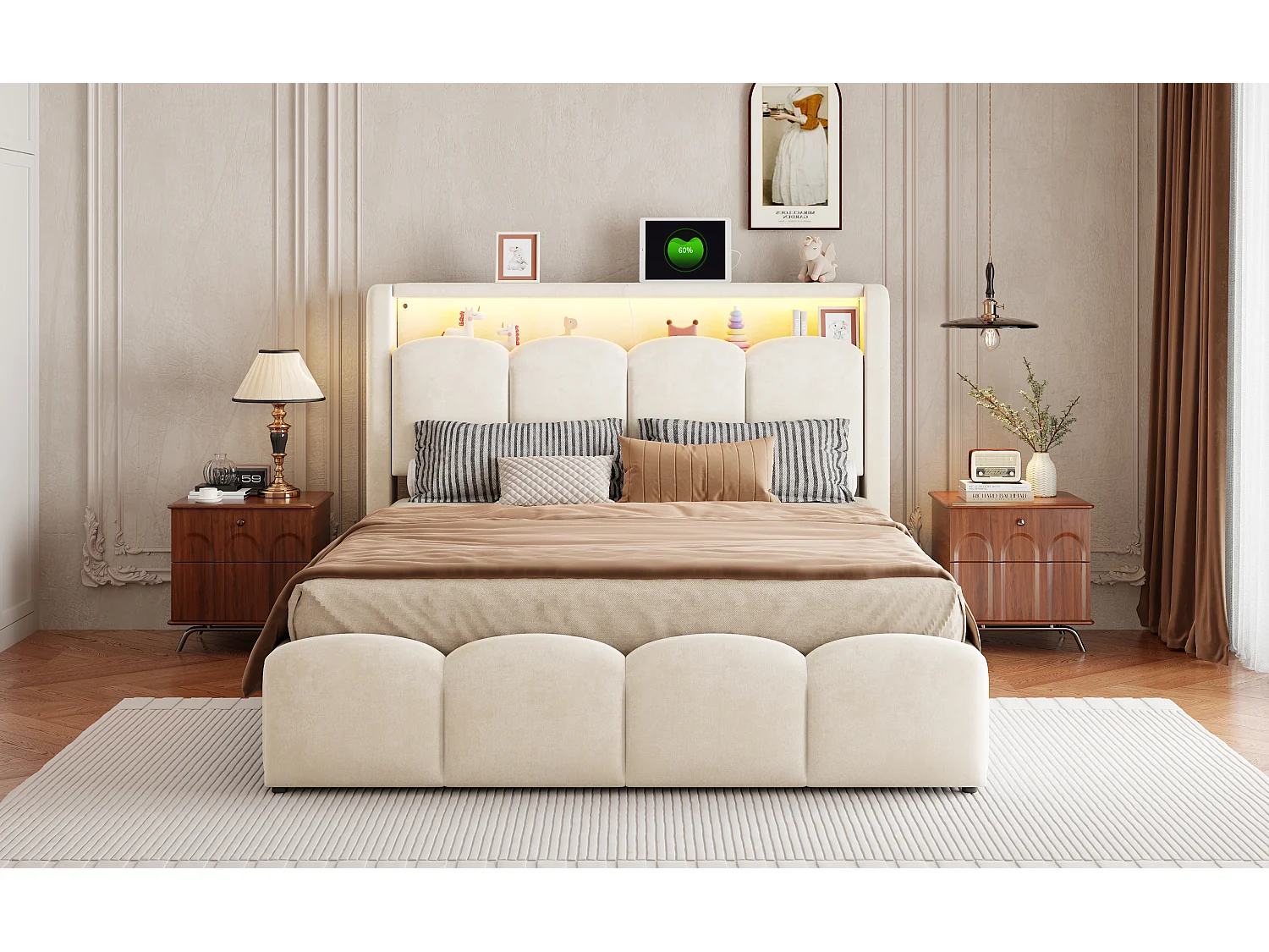 140 x 200 cm Bett mit Stauraum, Kopfteil, USB- und Typ-C-Anschlüssen sowie LED-Beleuchtung - Samt - Beige (Matratze nicht im Lieferumfang enthalten)
