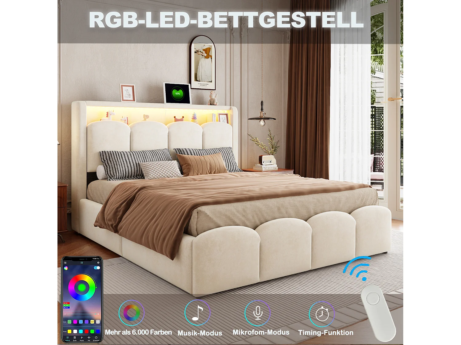 140 x 200 cm Bett mit Stauraum, Kopfteil, USB- und Typ-C-Anschlüssen sowie LED-Beleuchtung - Samt - Beige (Matratze nicht im Lieferumfang enthalten)