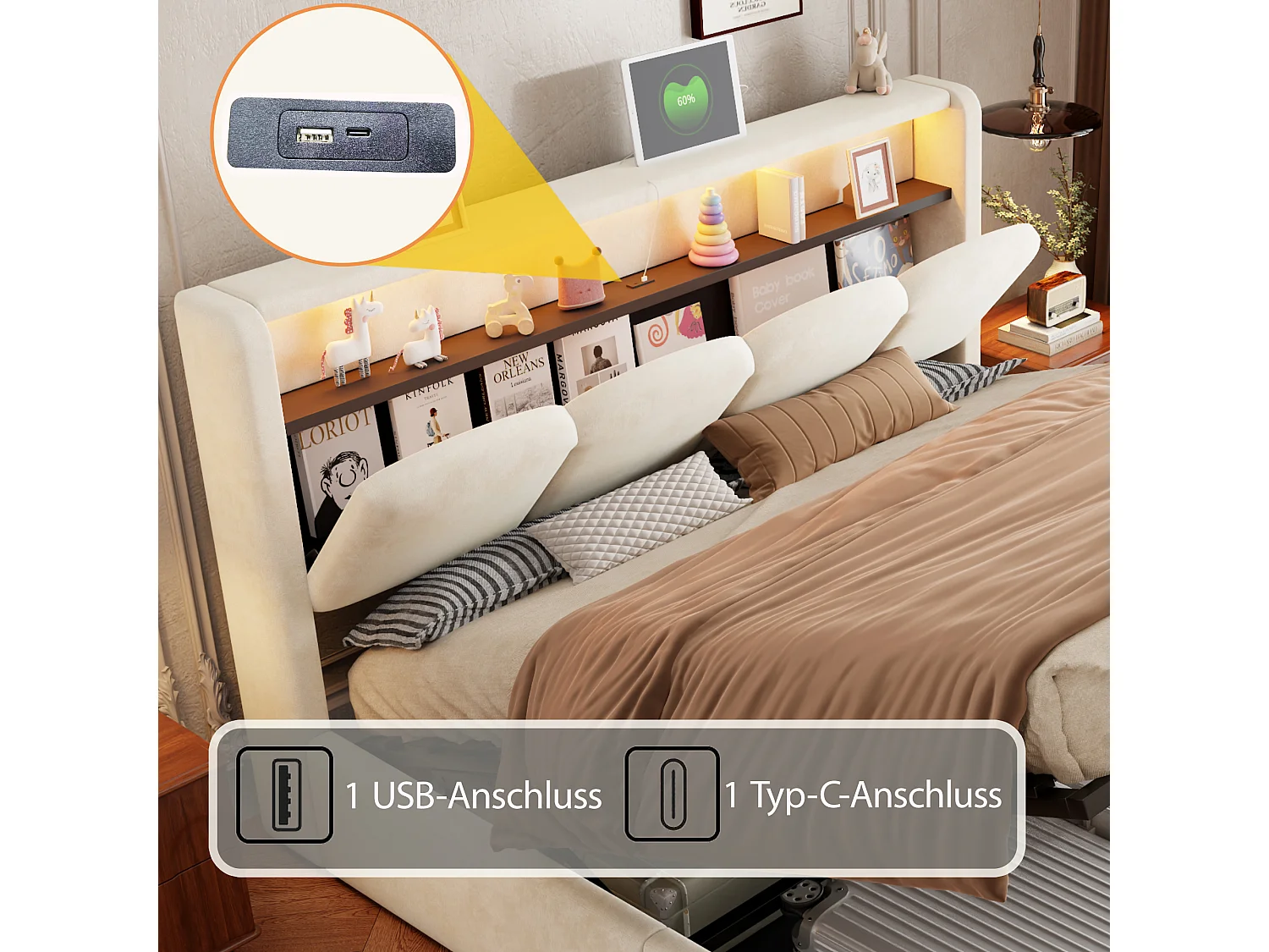 140 x 200 cm Bett mit Stauraum, Kopfteil, USB- und Typ-C-Anschlüssen sowie LED-Beleuchtung - Samt - Beige (Matratze nicht im Lieferumfang enthalten)