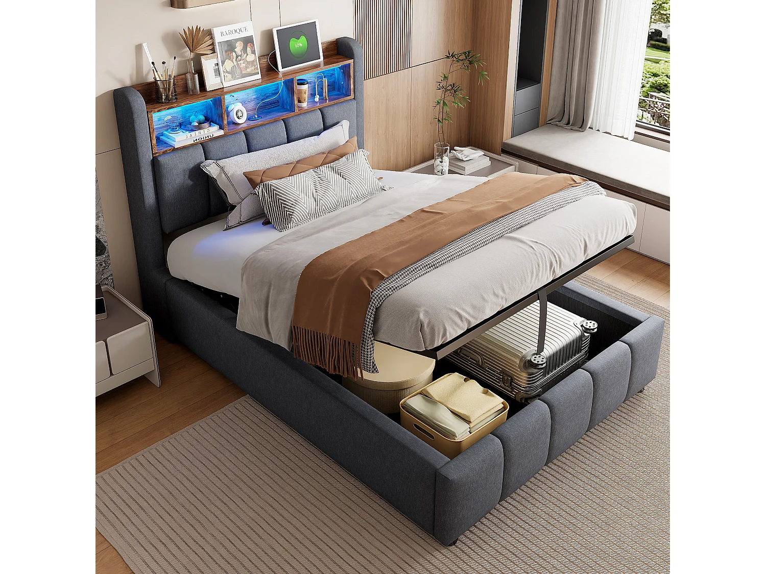 Lit coffre 90 x 200 cm avec rangement tête de lit, USB Type-C et LED - Lin - Gris (Avec matelas)