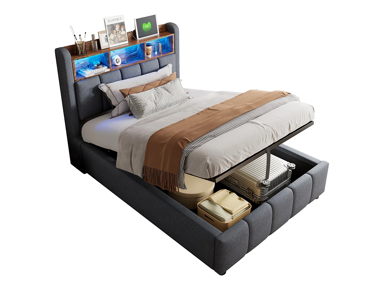 Lit coffre 90 x 200 cm avec rangement tête de lit, USB Type-C et LED - Lin - Gris (Avec matelas)