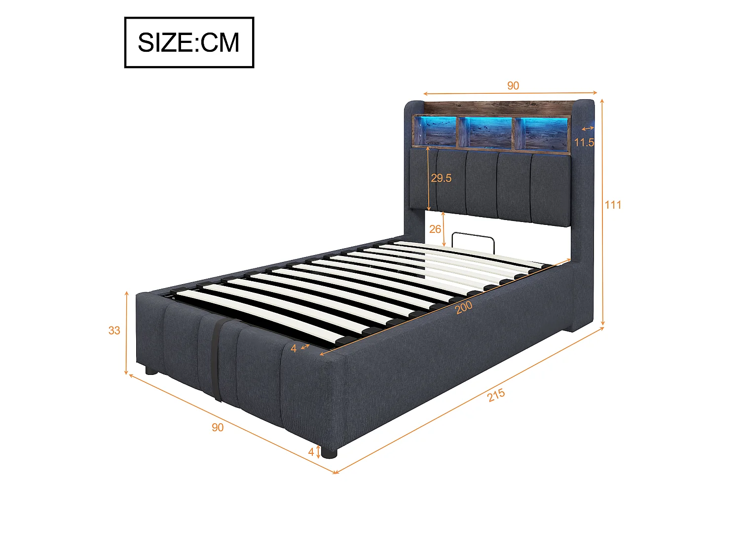 Lit coffre 90 x 200 cm avec rangement tête de lit, USB Type-C et LED - Lin - Gris (Avec matelas)
