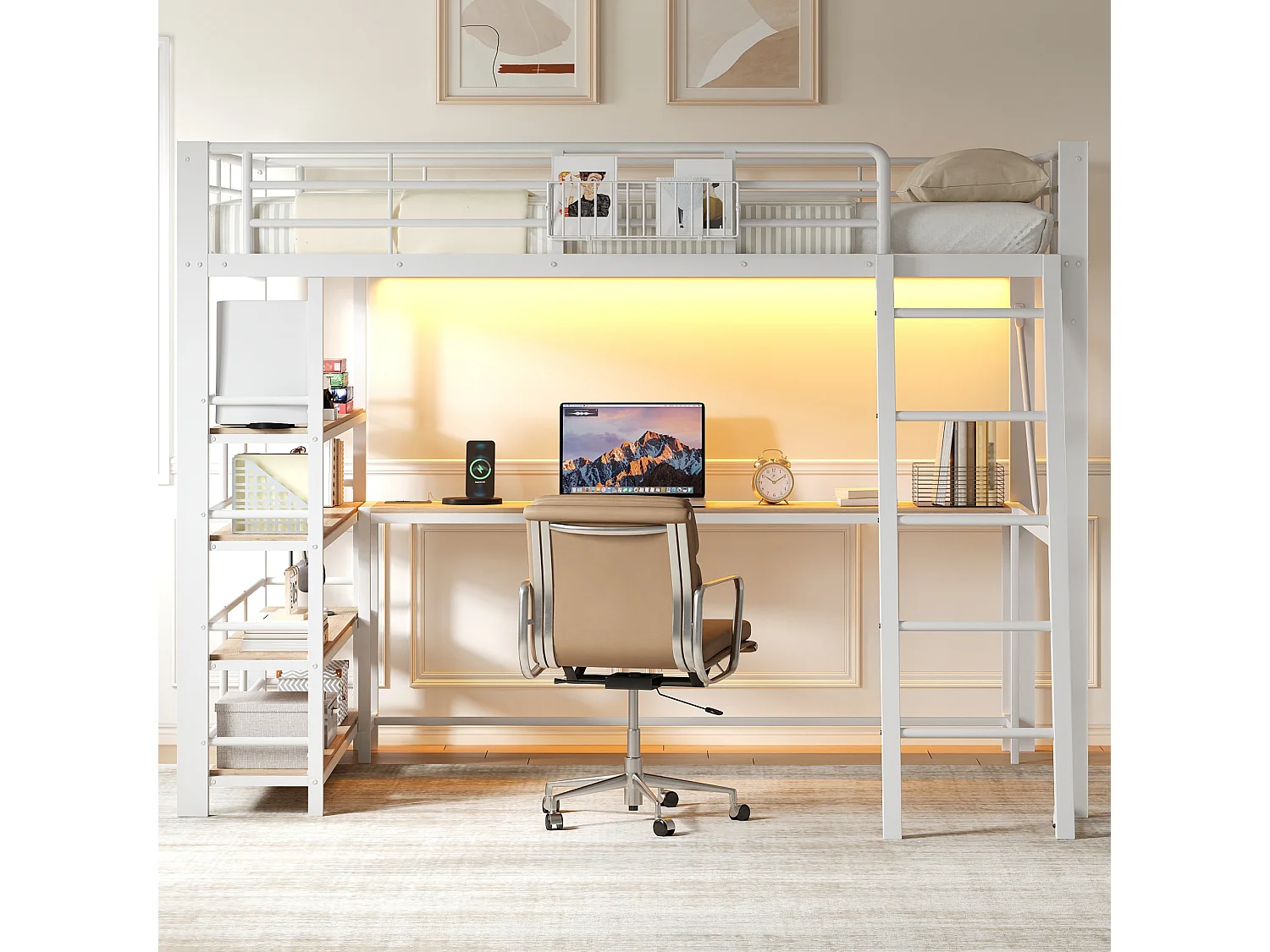 Loft bed 140 x 200 cm with desk, 4-tier shelf, basket, LED and charging station - Metal - White (Mattress not included)