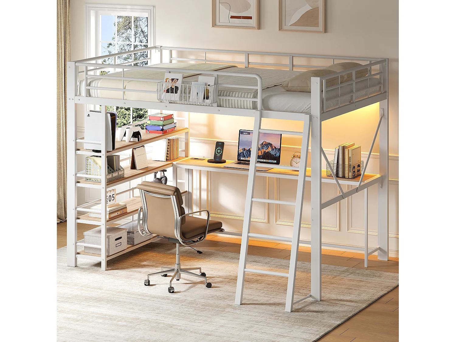 Loft bed 140 x 200 cm with desk, 4-tier shelf, basket, LED and charging station - Metal - White (Mattress not included)