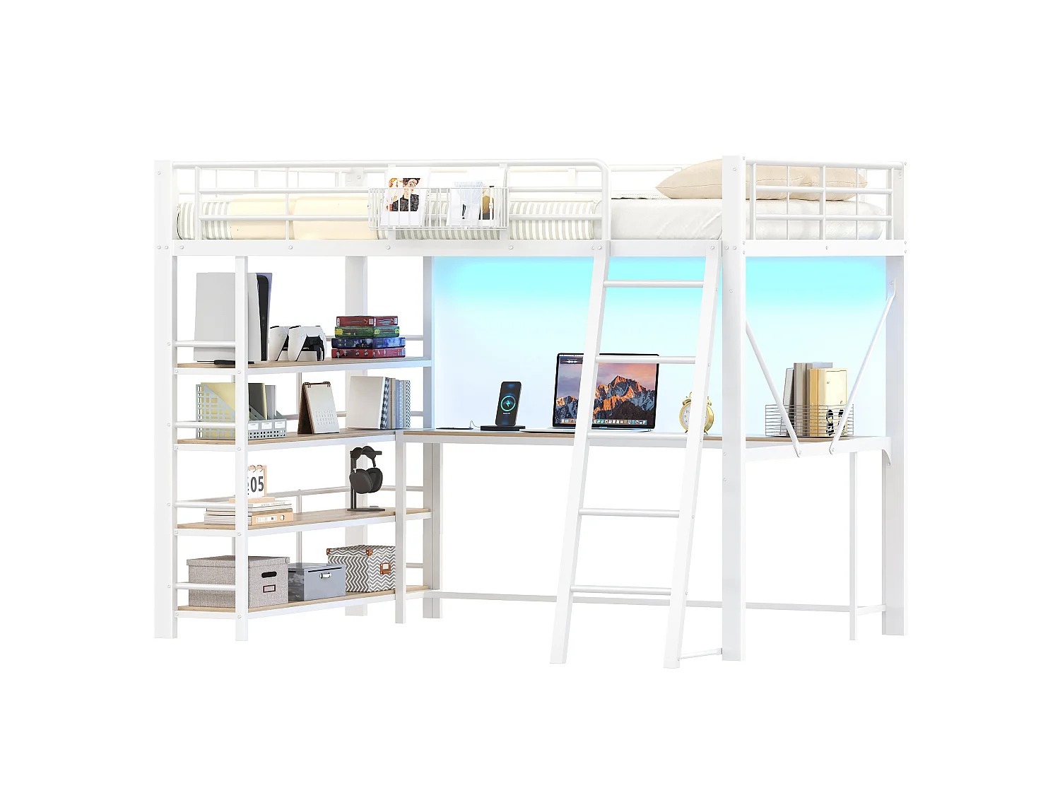 Loft bed 140 x 200 cm with desk, 4-tier shelf, basket, LED and charging station - Metal - White (Mattress not included)