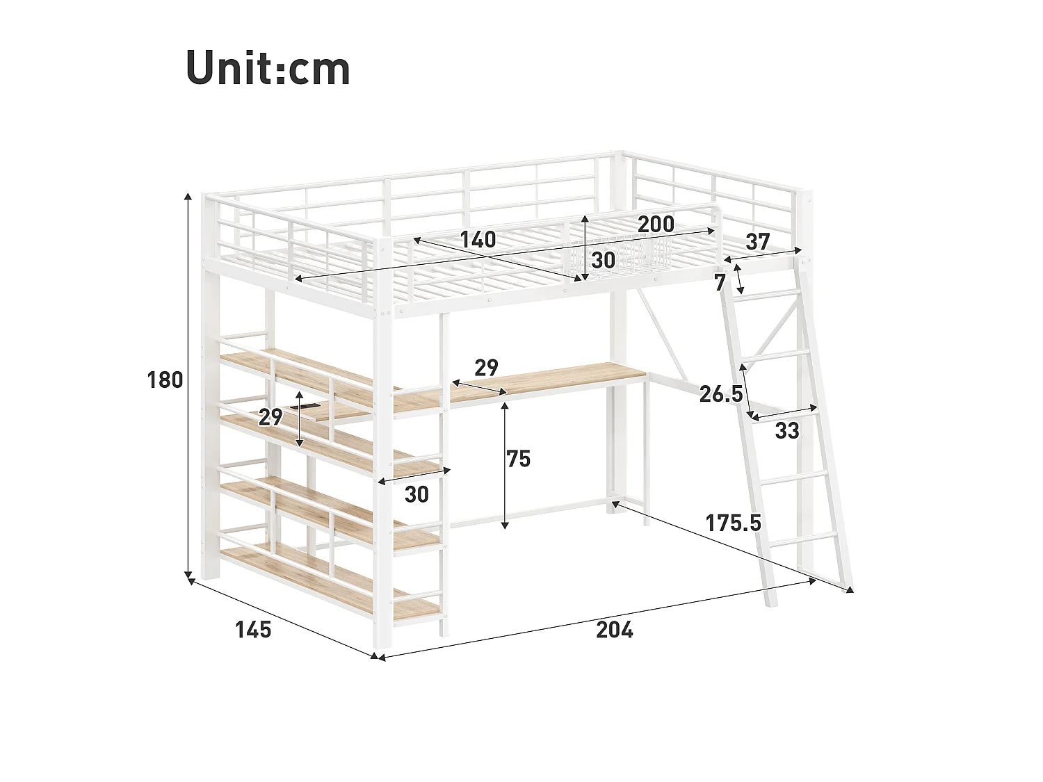 Loft bed 140 x 200 cm with desk, 4-tier shelf, basket, LED and charging station - Metal - White (Mattress not included)