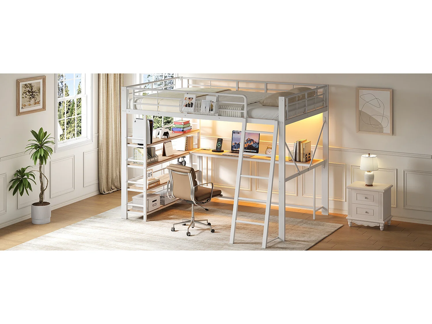 Loft bed 140 x 200 cm with desk, 4-tier shelf, basket, LED and charging station - Metal - White (Mattress not included)