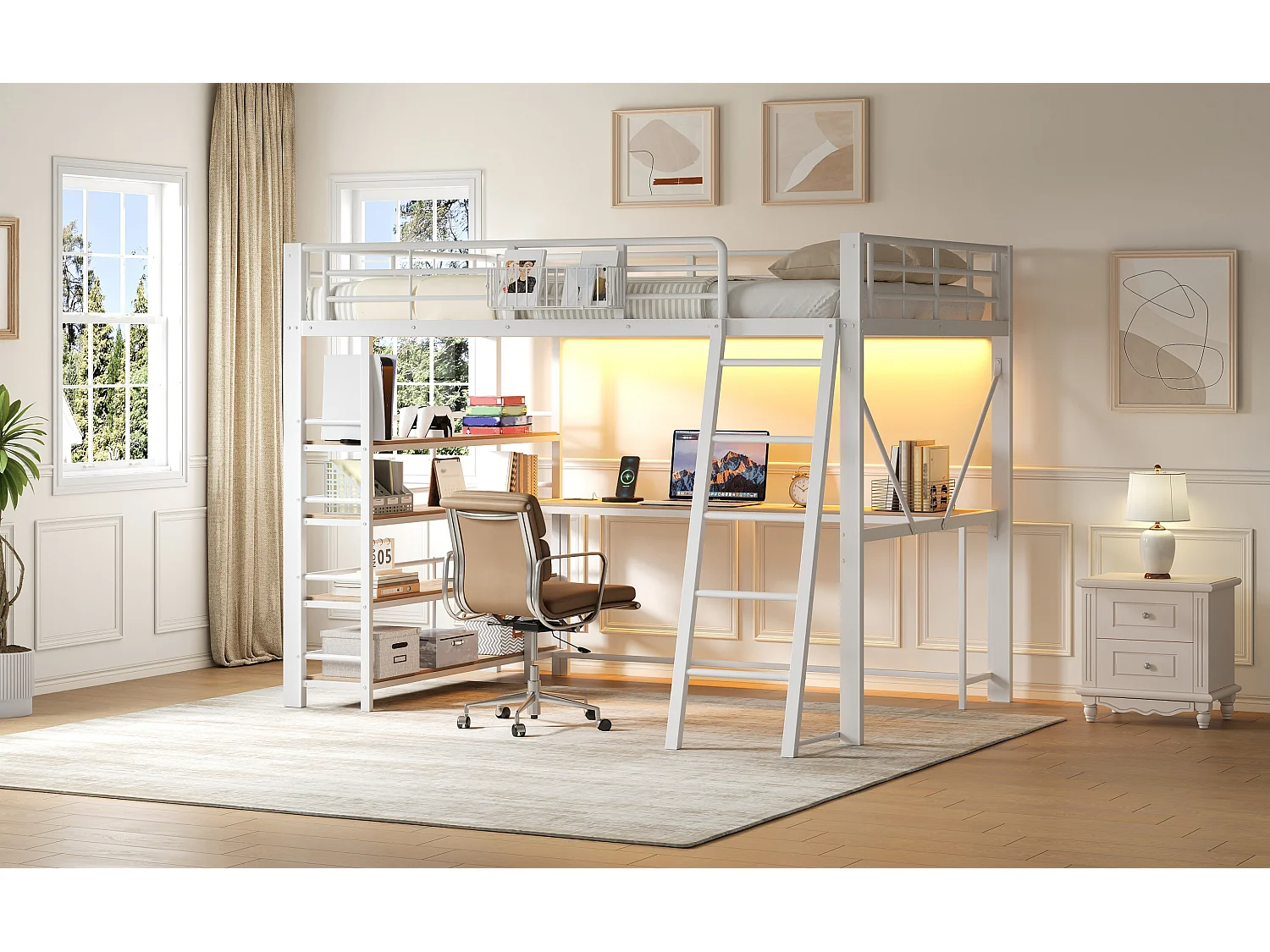 Loft bed 140 x 200 cm with desk, 4-tier shelf, basket, LED and charging station - Metal - White (Mattress not included)