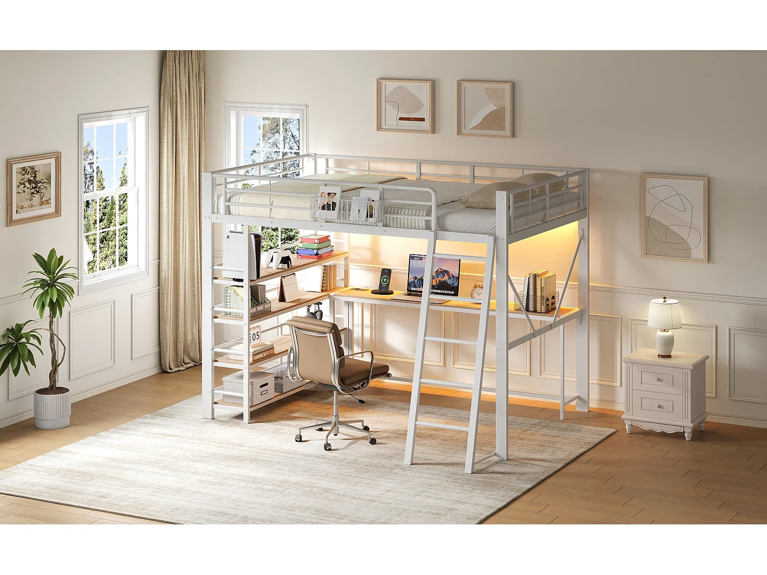 Loft bed 140 x 200 cm with desk, 4-tier shelf, basket, LED and charging station - Metal - White (Mattress not included)
