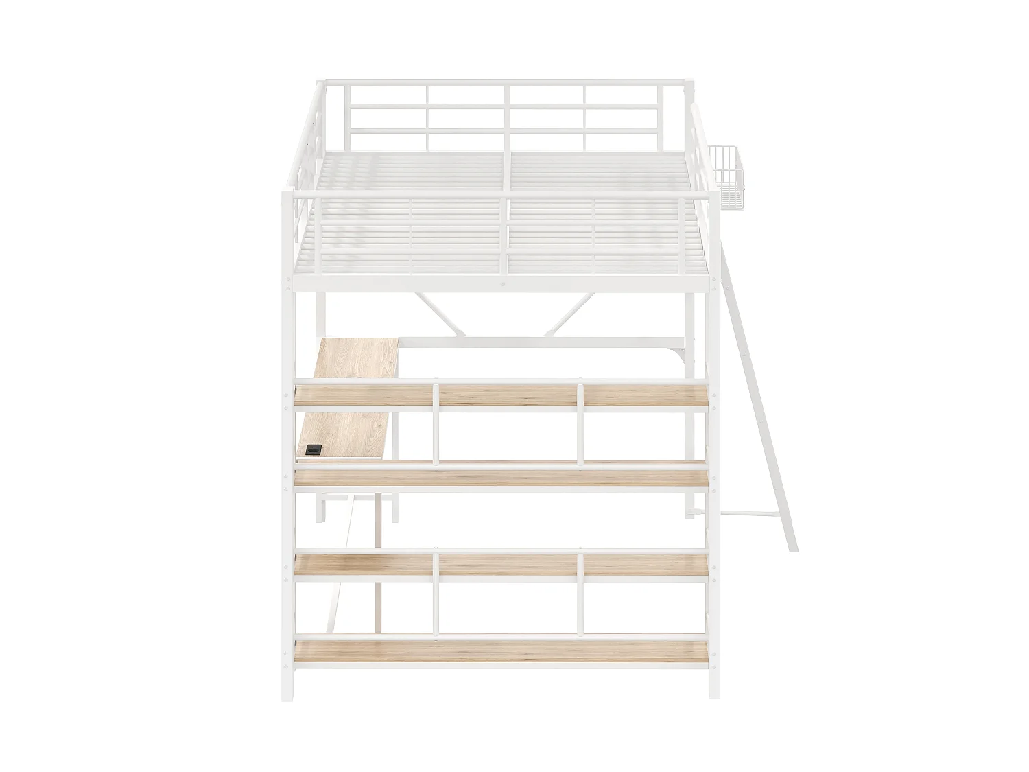 Loft bed 140 x 200 cm with desk, 4-tier shelf, basket, LED and charging station - Metal - White (Mattress not included)