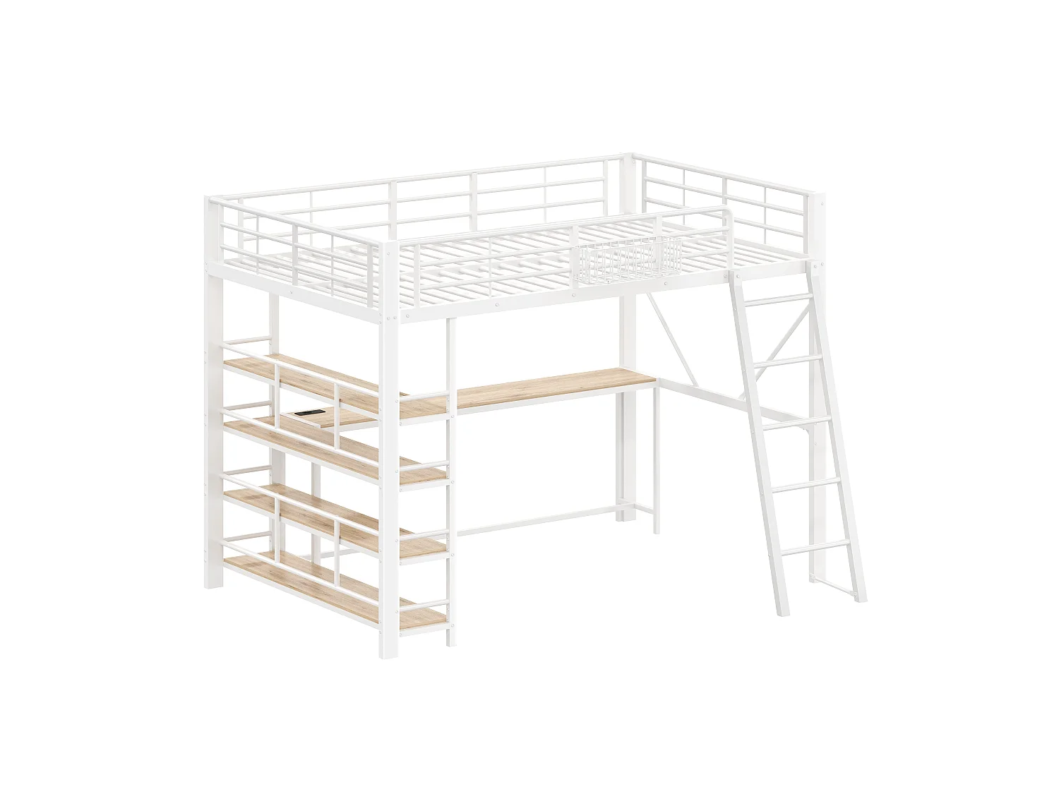 Loft bed 140 x 200 cm with desk, 4-tier shelf, basket, LED and charging station - Metal - White (Mattress not included)