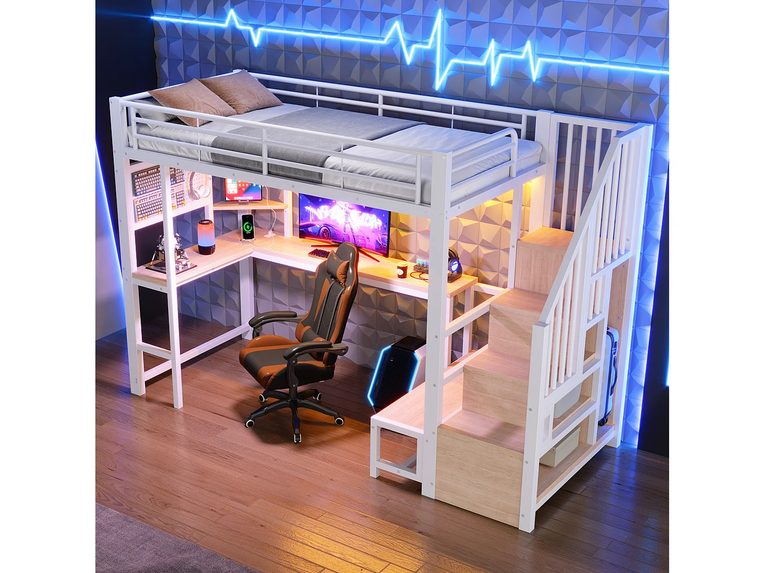 Loft bed 90 x 200 cm with desk, pegboard, shelves, LED and USB/USB-C ports - Metal + MDF - White (Mattress not included)