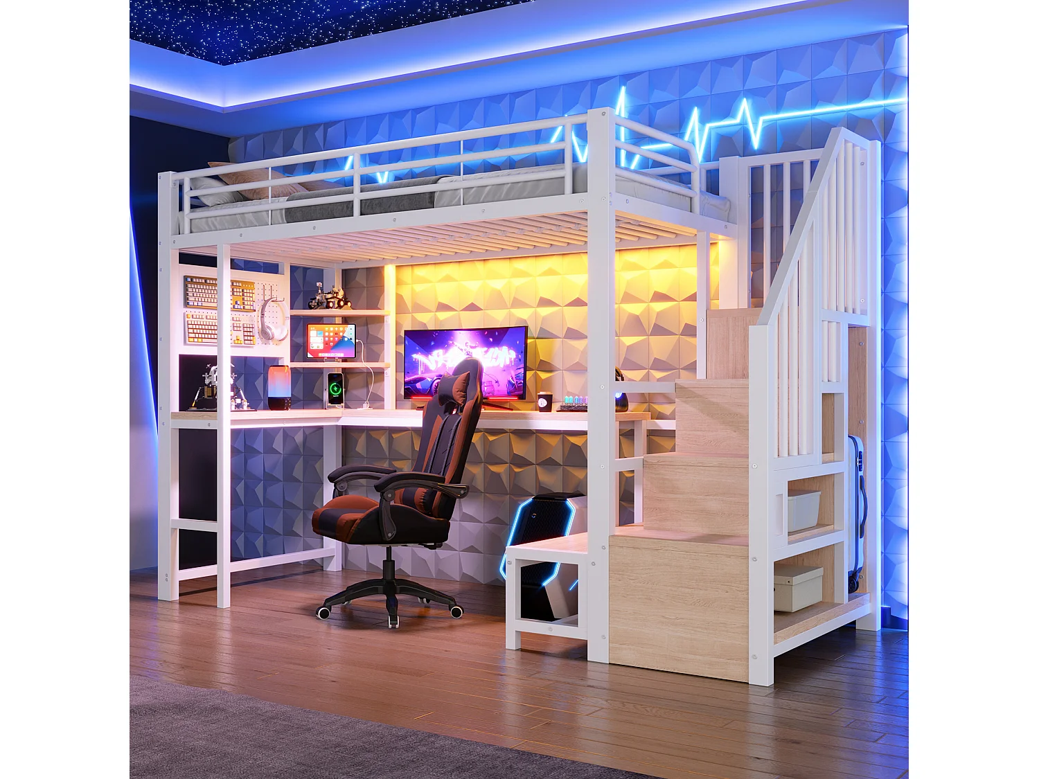 Loft bed 90 x 200 cm with desk, pegboard, shelves, LED and USB/USB-C ports - Metal + MDF - White (Mattress not included)