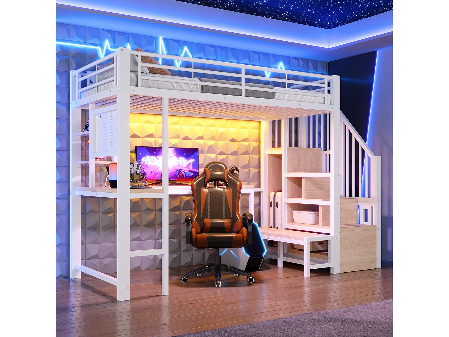 Loft bed 90 x 200 cm with desk, pegboard, shelves, LED and USB/USB-C ports - Metal + MDF - White (Mattress not included)