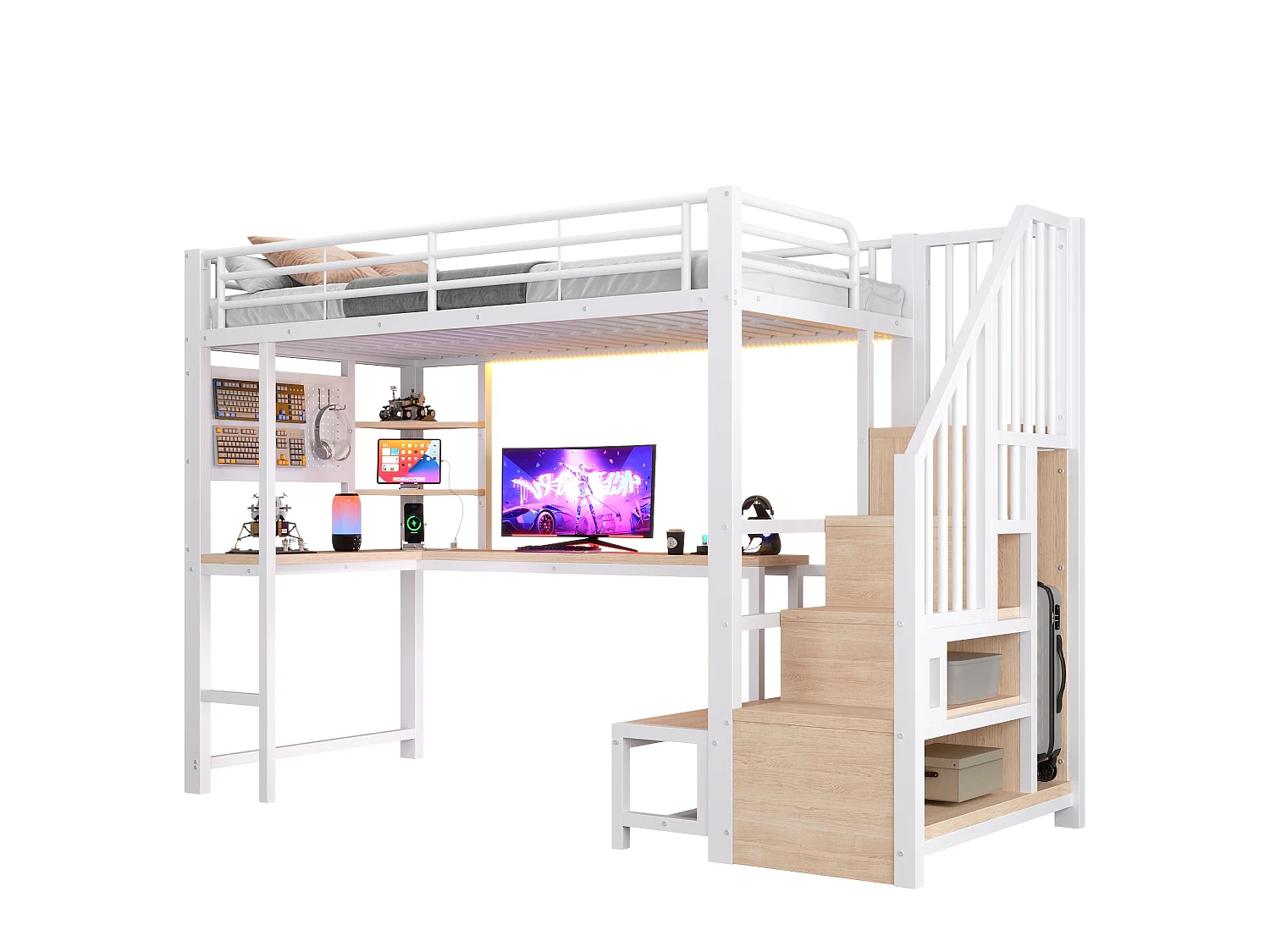 Loft bed 90 x 200 cm with desk, pegboard, shelves, LED and USB/USB-C ports - Metal + MDF - White (Mattress not included)